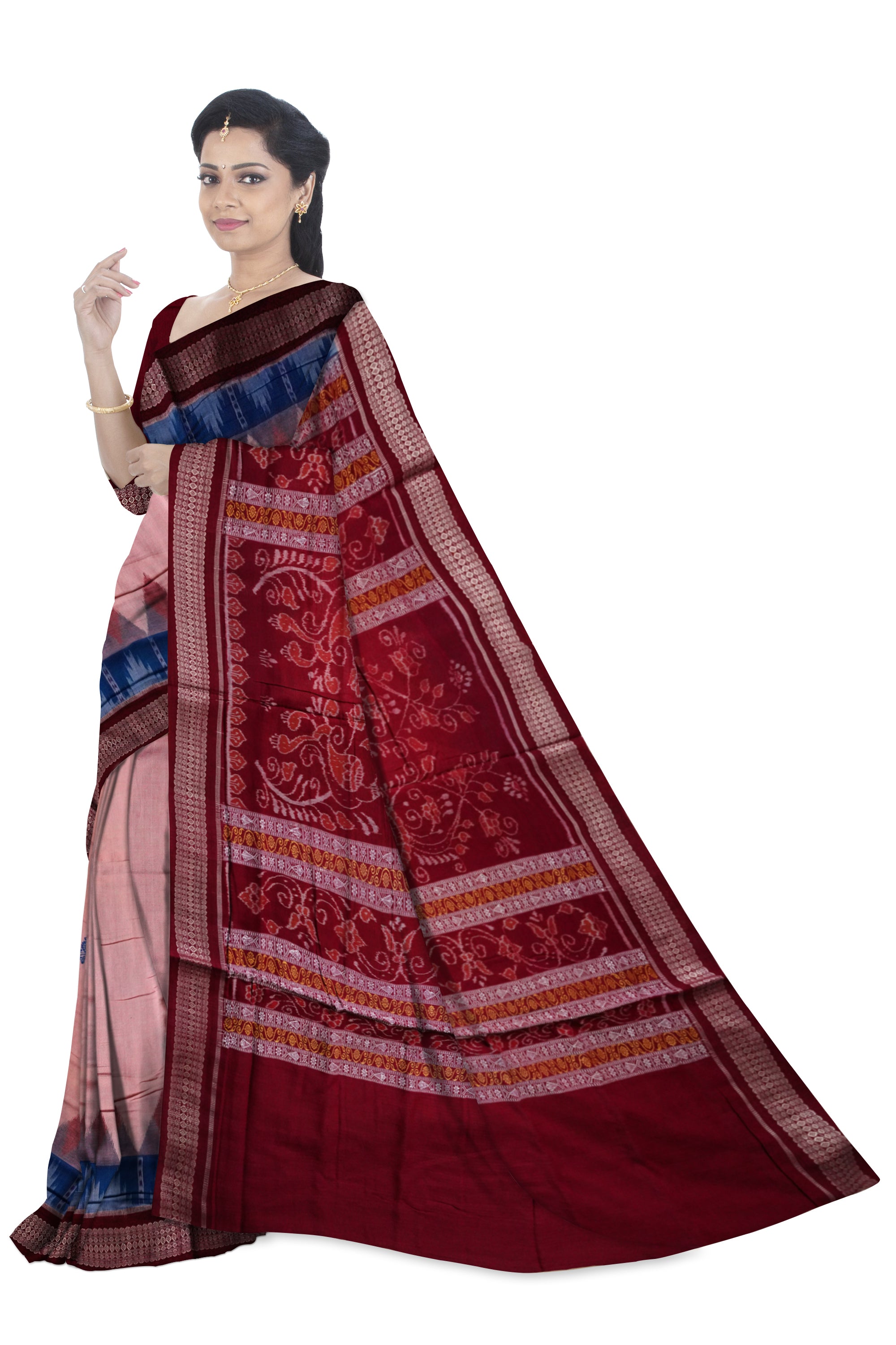 Baby Pink, Sky and Maroon colour kargil pattern bomkei cotton saree. - Koshali Arts & Crafts Enterprise