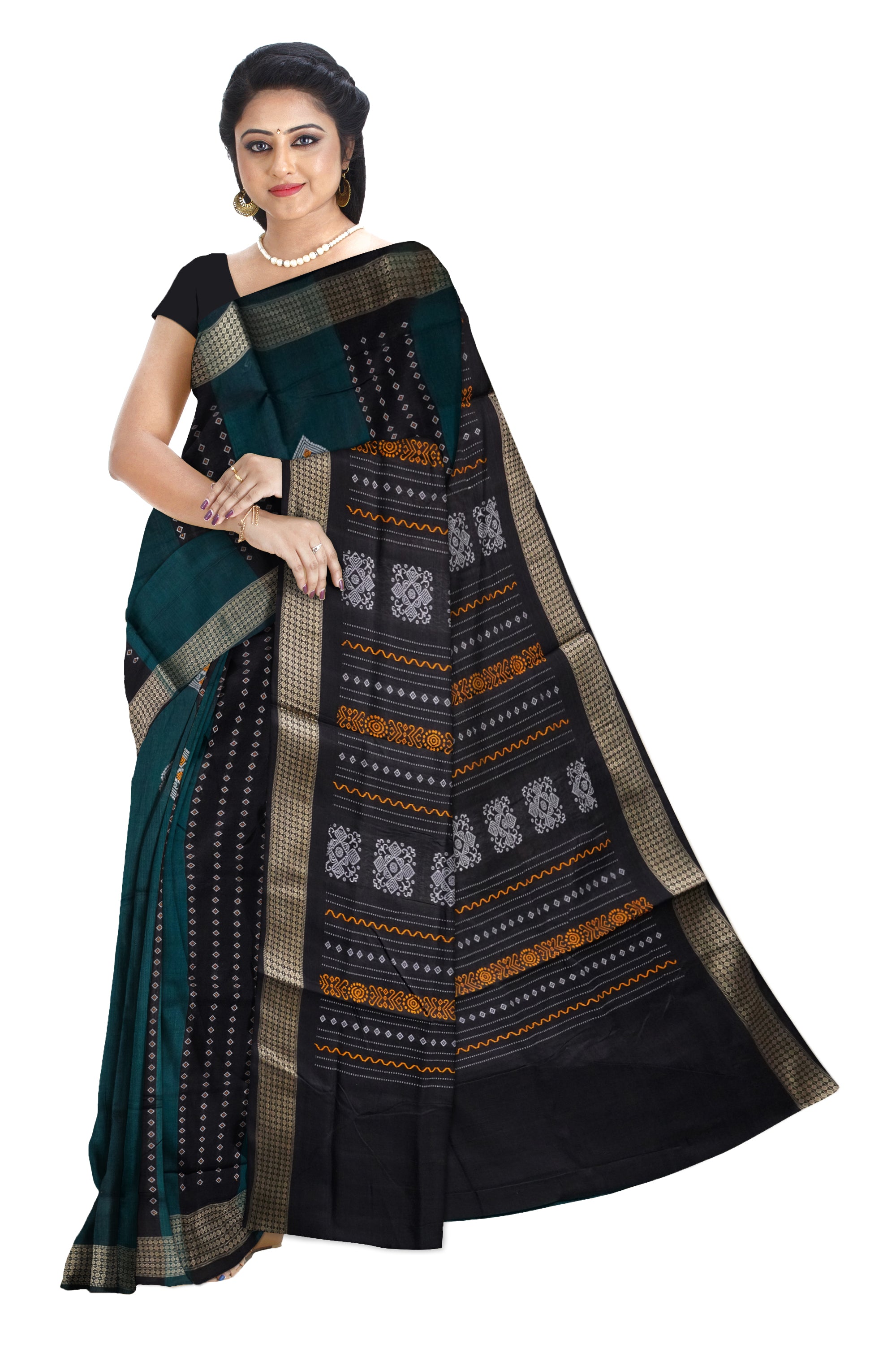 Dark-green & Black color bomkei pattern cotton saree, without blouse piece. - Koshali Arts & Crafts Enterprise