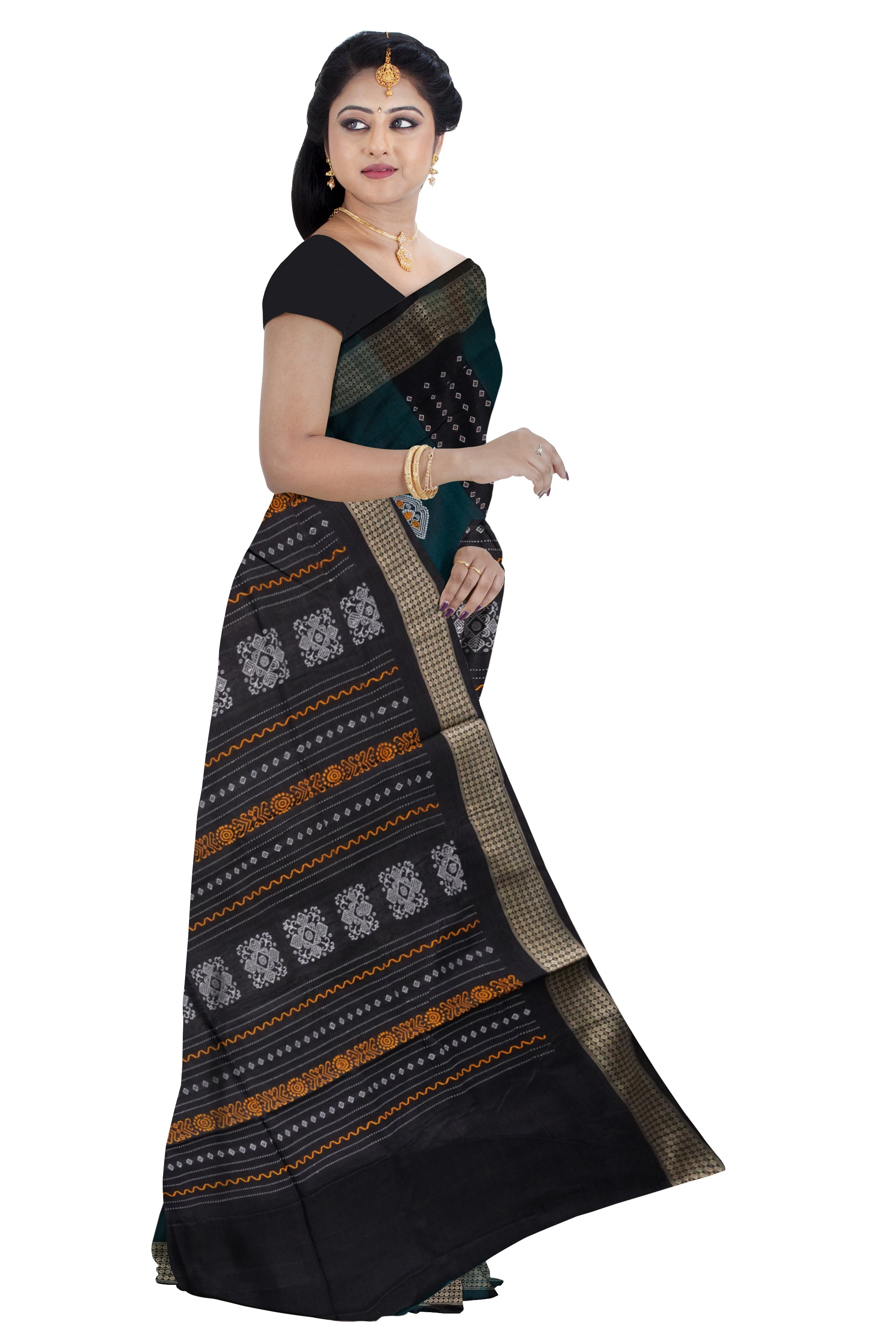 Dark-green & Black color bomkei pattern cotton saree, without blouse piece. - Koshali Arts & Crafts Enterprise