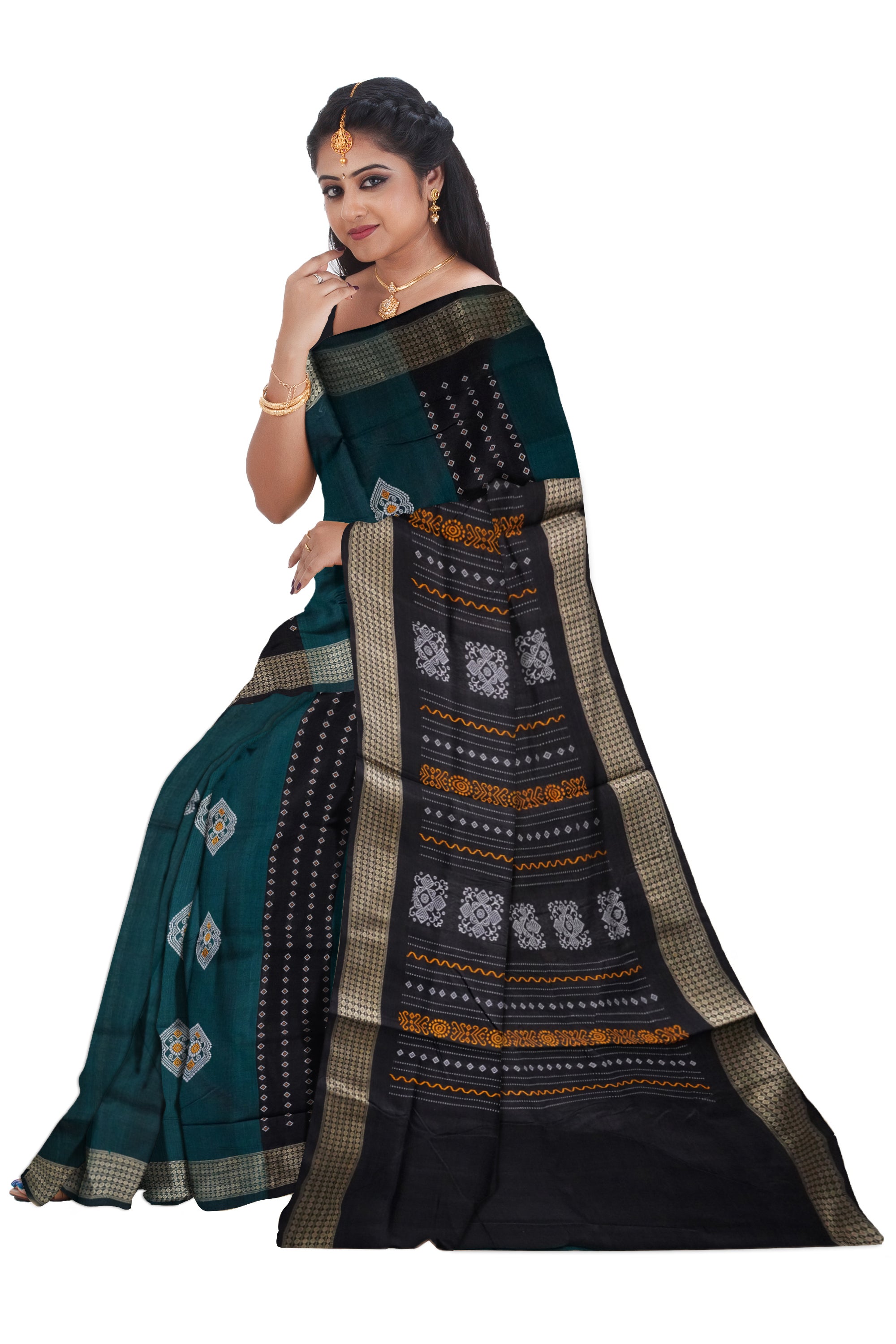 Dark-green & Black color bomkei pattern cotton saree, without blouse piece. - Koshali Arts & Crafts Enterprise