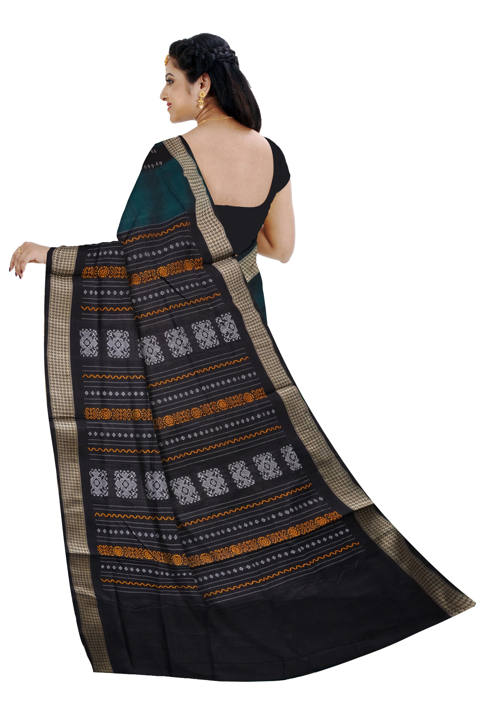 Dark-green & Black color bomkei pattern cotton saree, without blouse piece. - Koshali Arts & Crafts Enterprise