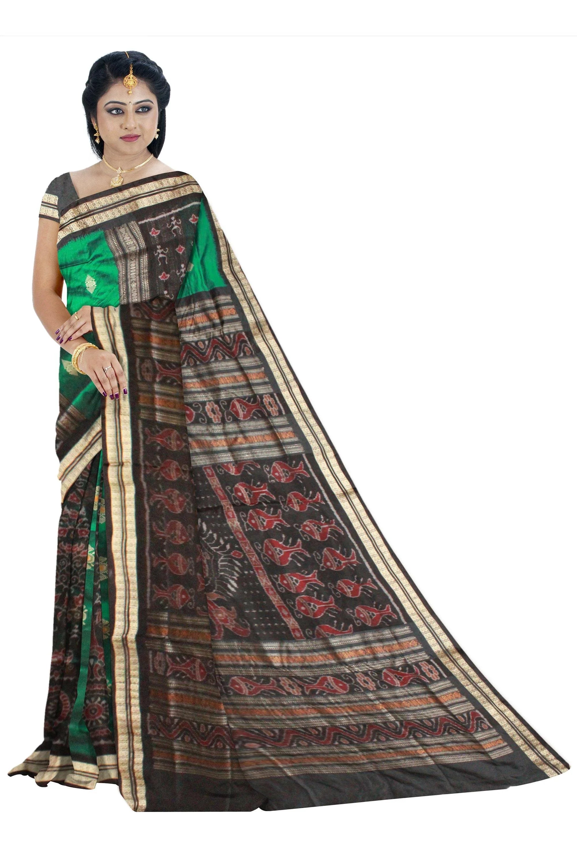 Terracotta with bomkei pattern Green and black color Bomkei Pata saree With Blouse piece - Koshali Arts & Crafts Enterprise