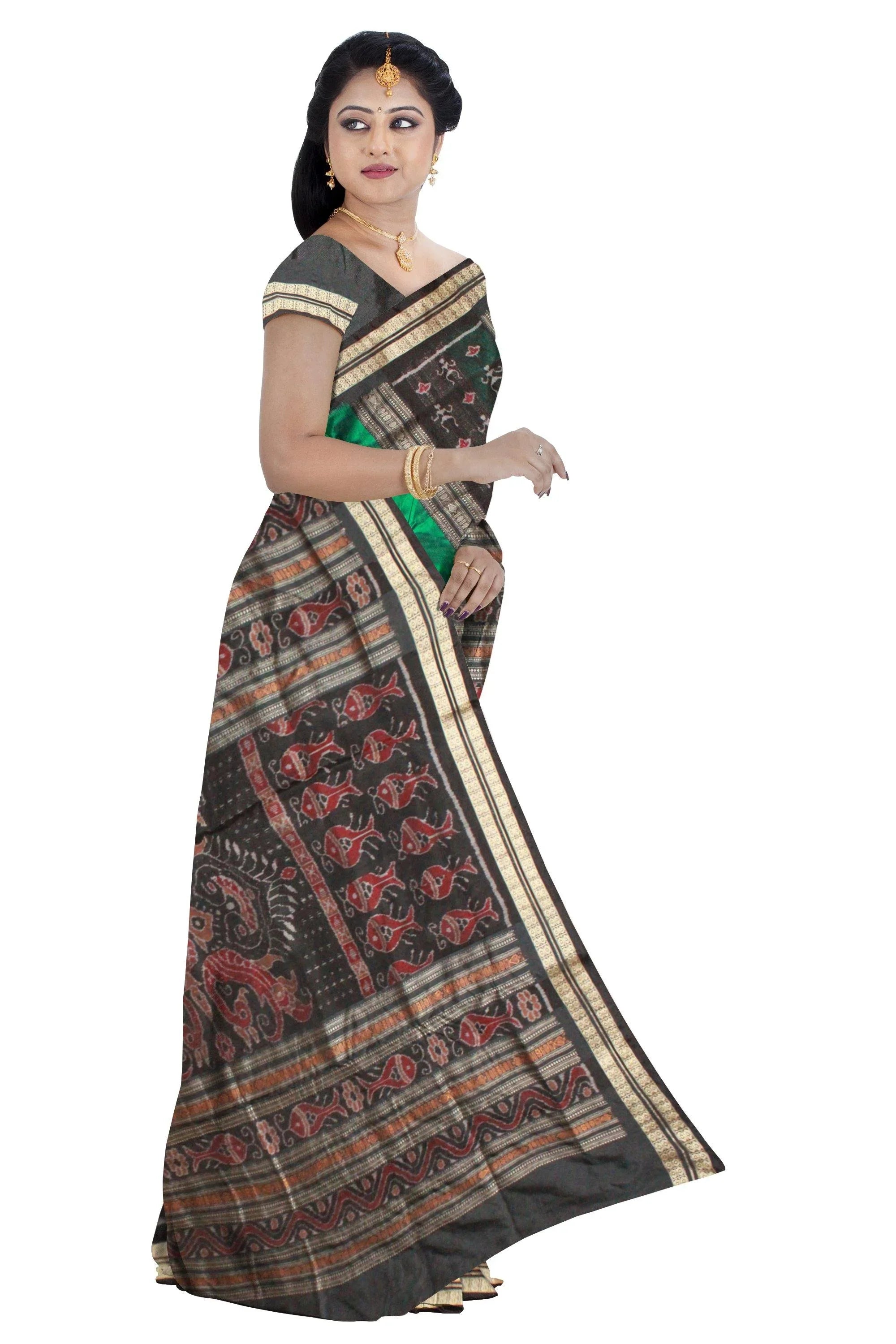 Terracotta with bomkei pattern Green and black color Bomkei Pata saree With Blouse piece - Koshali Arts & Crafts Enterprise