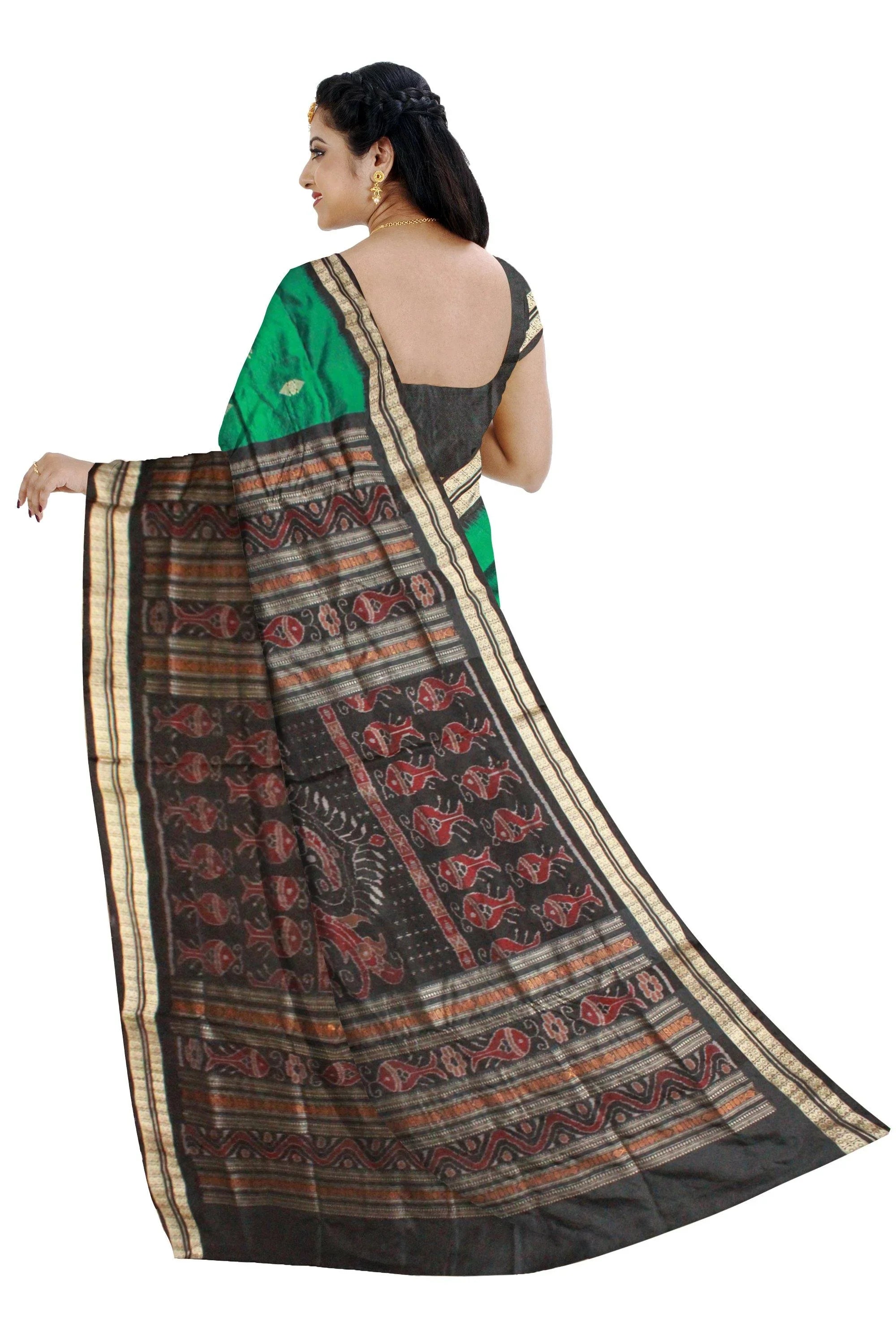 Terracotta with bomkei pattern Green and black color Bomkei Pata saree With Blouse piece - Koshali Arts & Crafts Enterprise