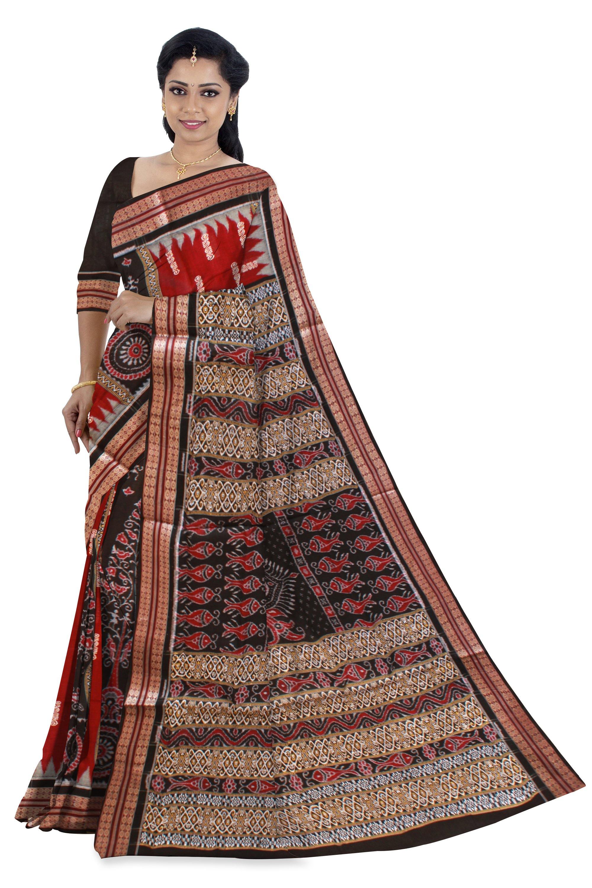 Maroon and Black mix Tree Print Bomkei saree with blouse piece. - Koshali Arts & Crafts Enterprise