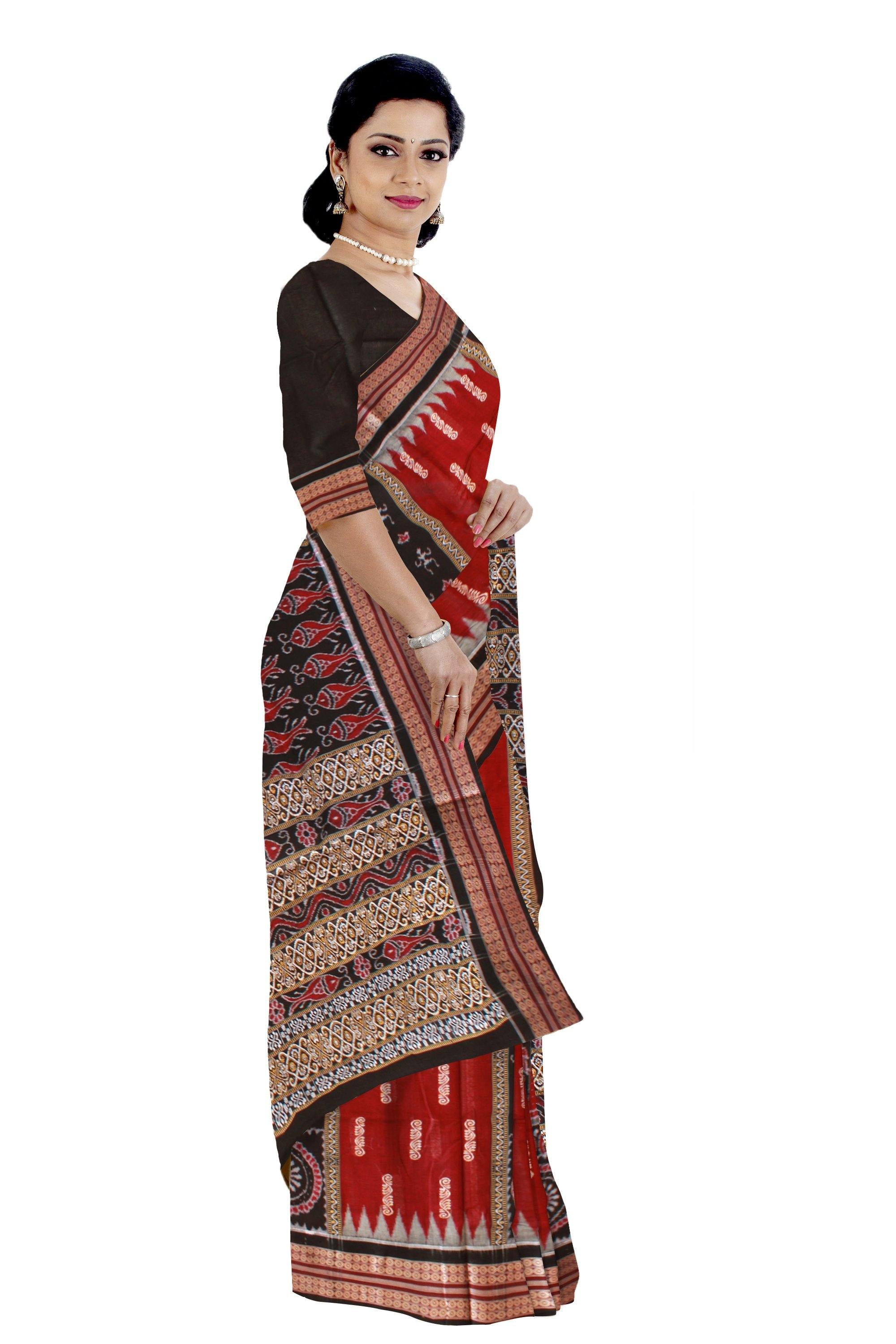 Maroon and Black mix Tree Print Bomkei saree with blouse piece. - Koshali Arts & Crafts Enterprise
