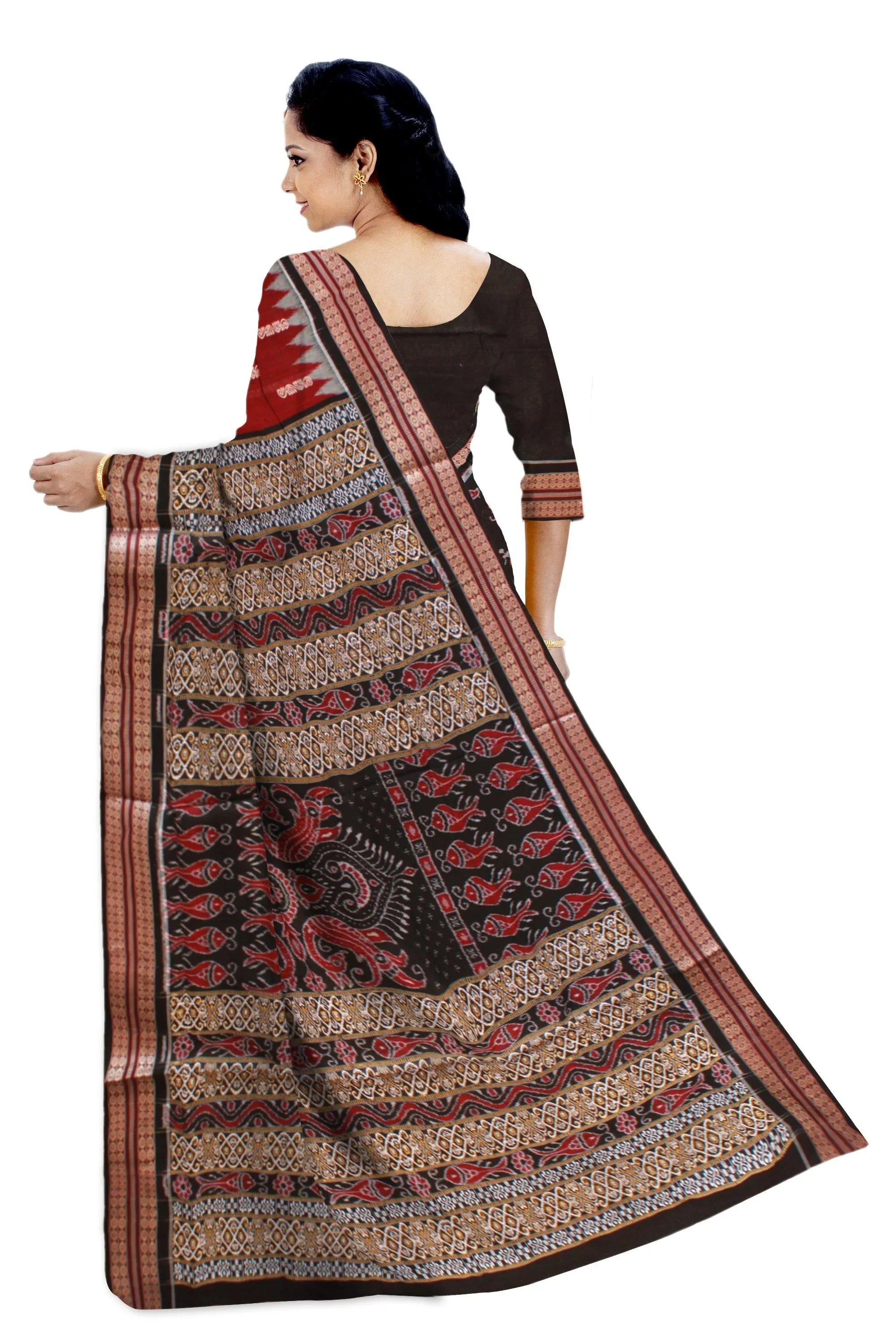 Maroon and Black mix Tree Print Bomkei saree with blouse piece. - Koshali Arts & Crafts Enterprise