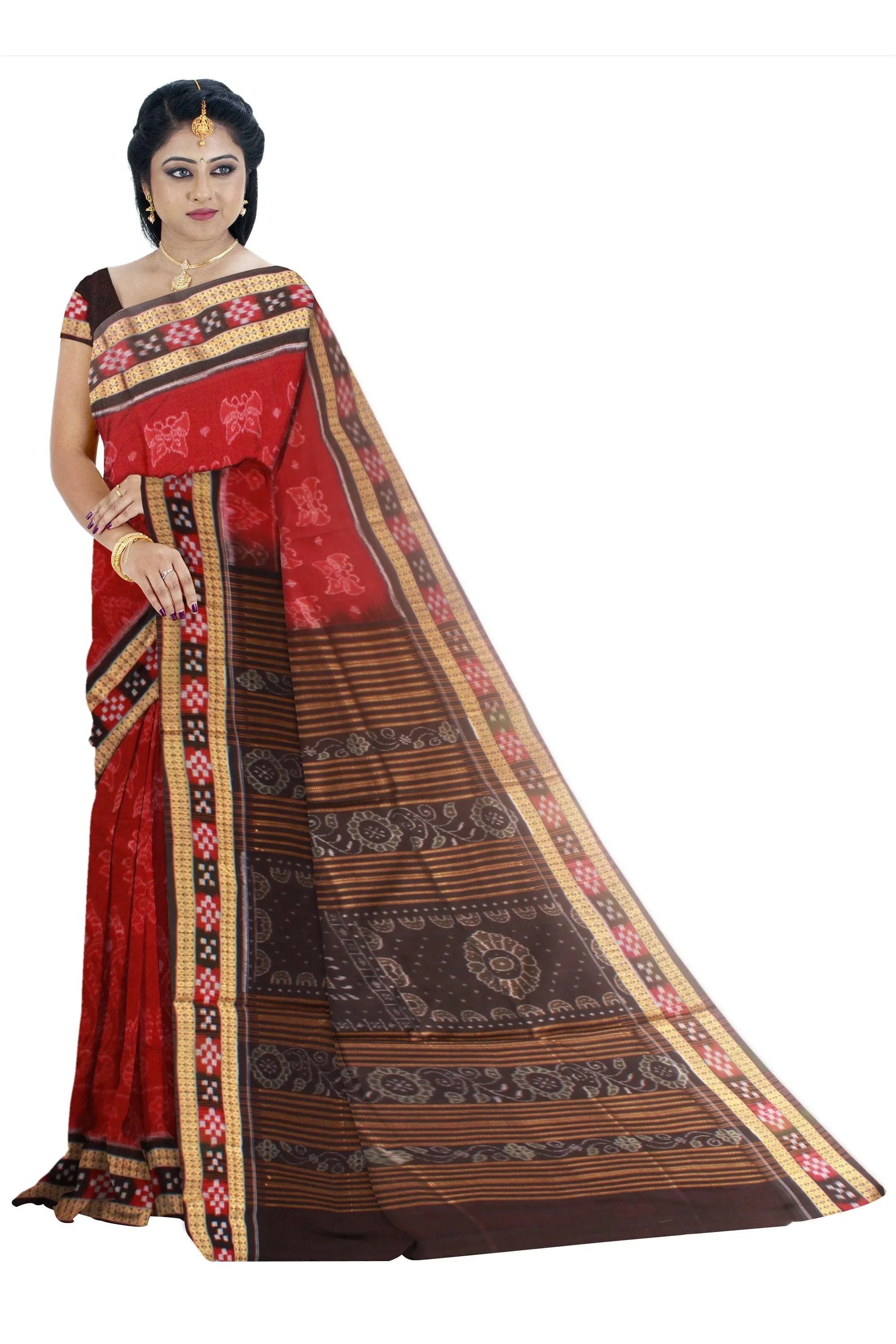 Dhadi pasapali pattern pure cotton Saree in Maroon and Black Color, with blouse piece. - Koshali Arts & Crafts Enterprise