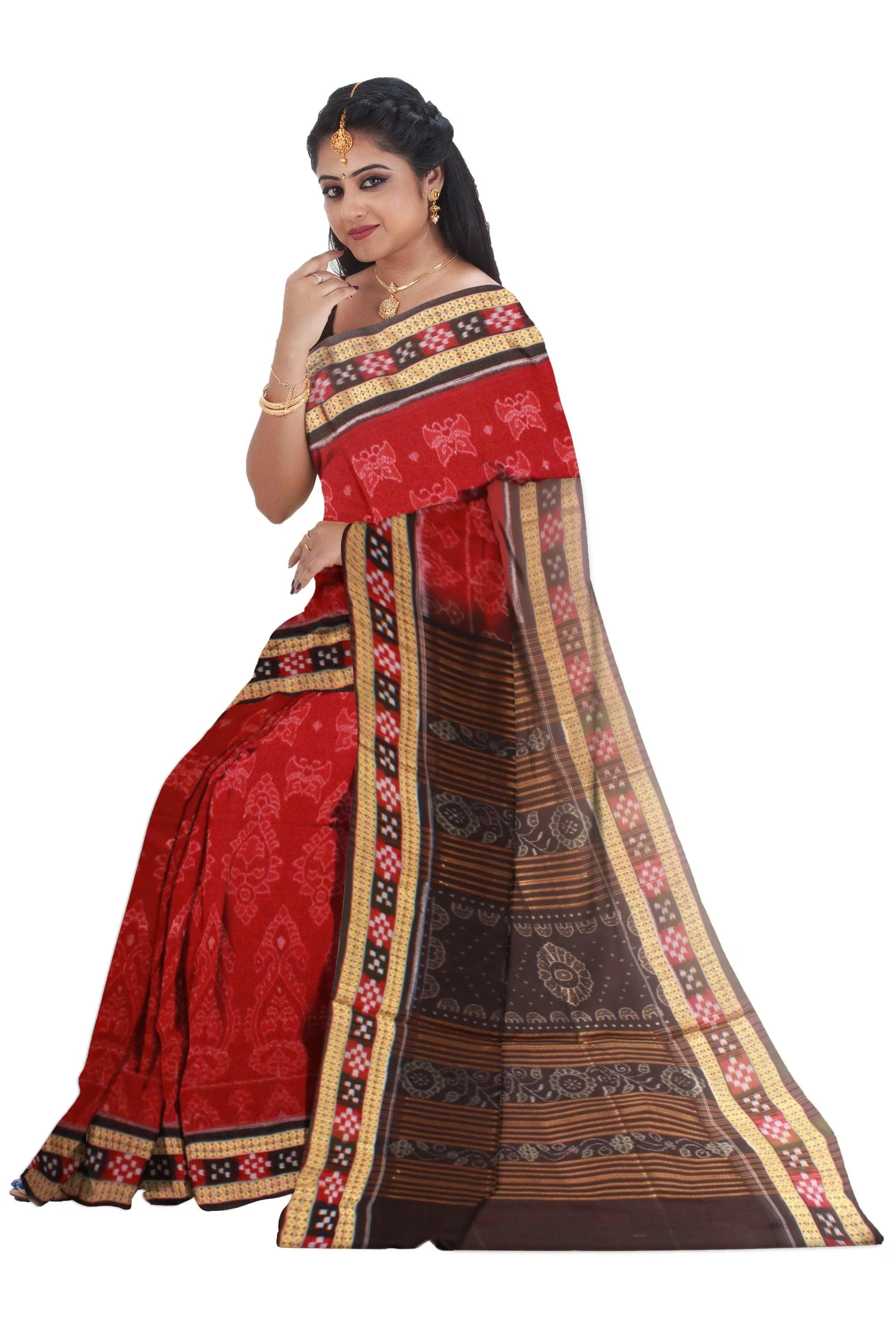 Dhadi pasapali pattern pure cotton Saree in Maroon and Black Color, with blouse piece. - Koshali Arts & Crafts Enterprise