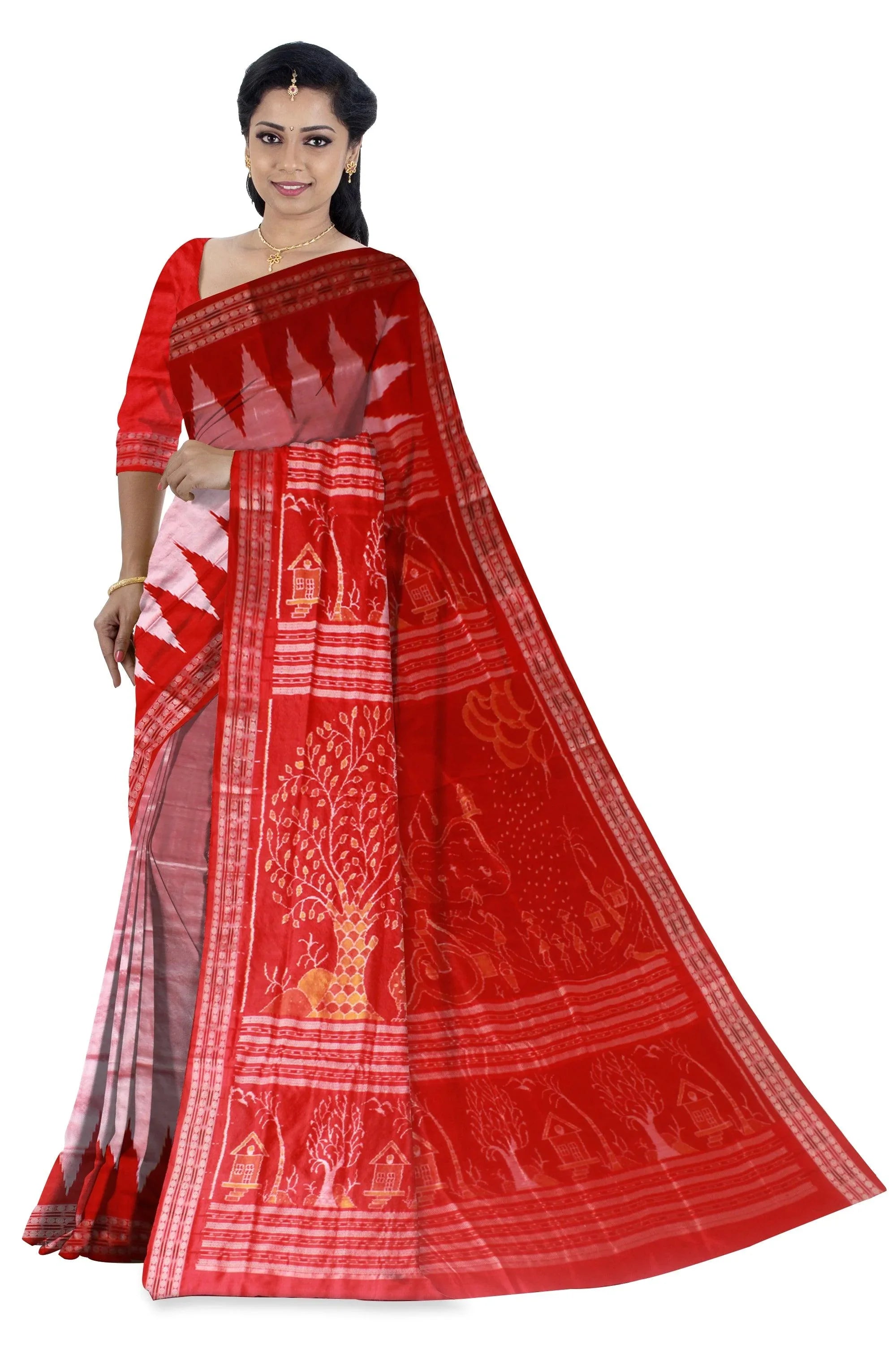 Sambalpuri Original Silk Saree in Light pink and Red color Kumbha design in the Border with blouse piece. - Koshali Arts & Crafts Enterprise