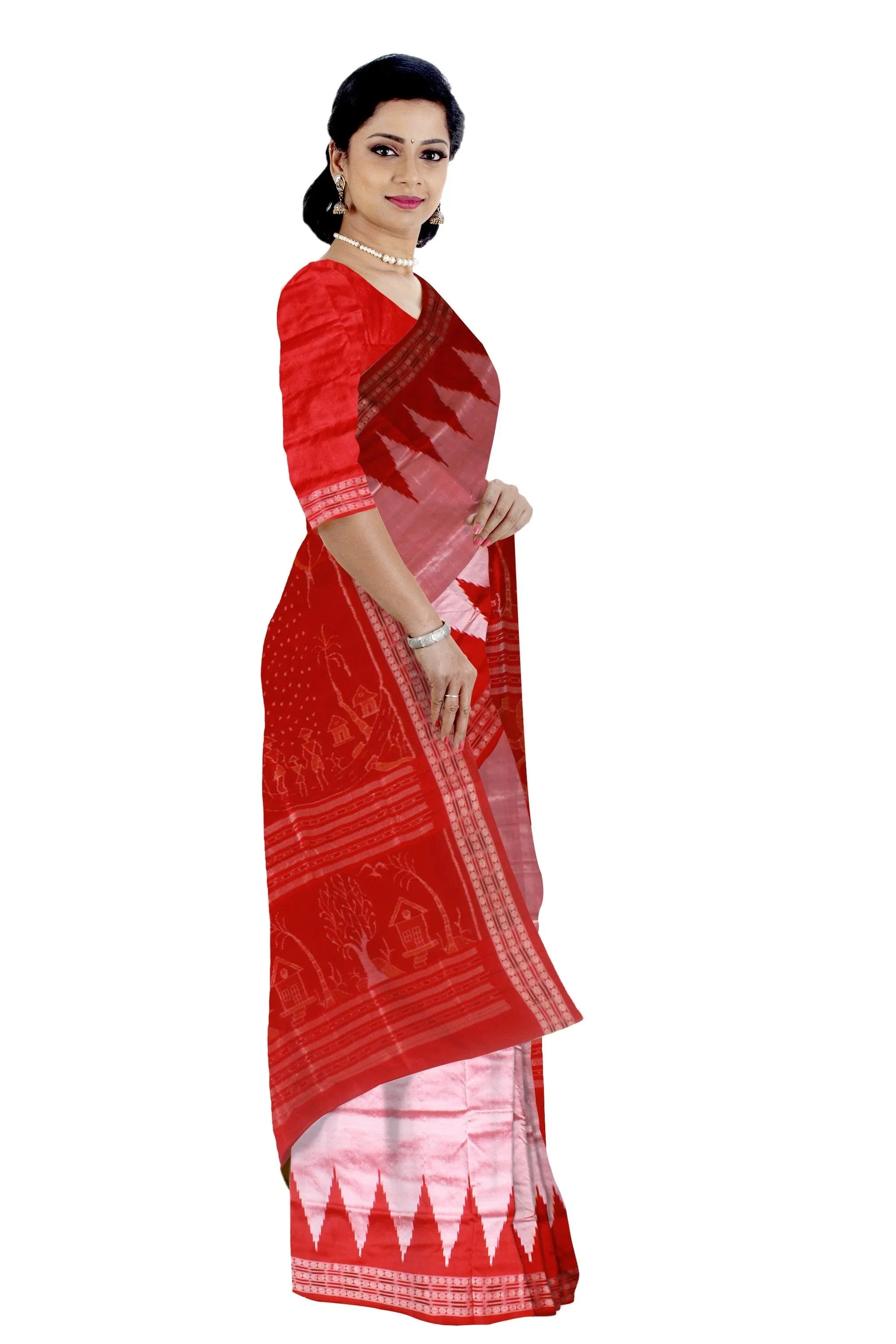 Sambalpuri Original Silk Saree in Light pink and Red color Kumbha design in the Border with blouse piece. - Koshali Arts & Crafts Enterprise