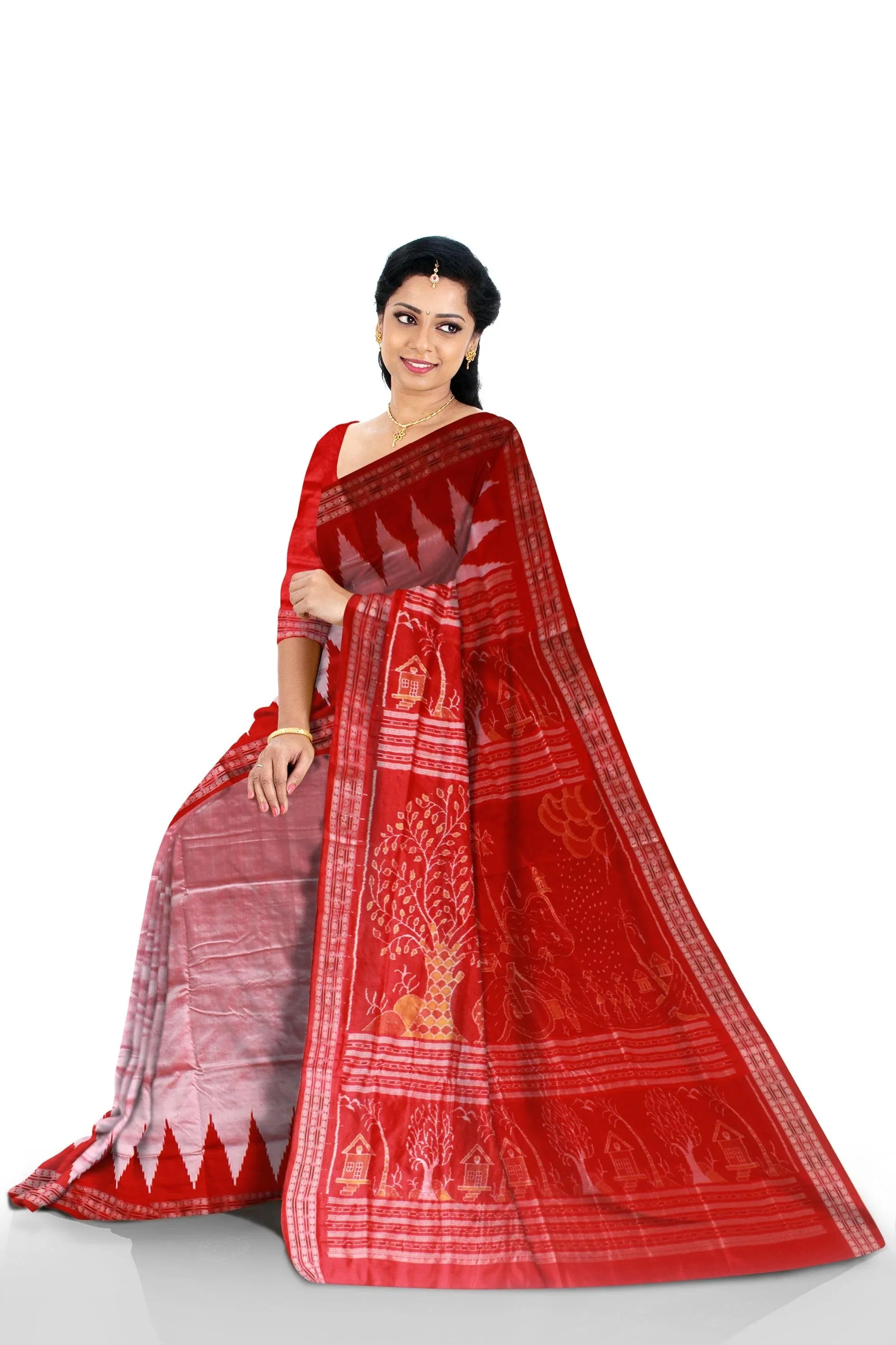 Sambalpuri Original Silk Saree in Light pink and Red color Kumbha design in the Border with blouse piece. - Koshali Arts & Crafts Enterprise