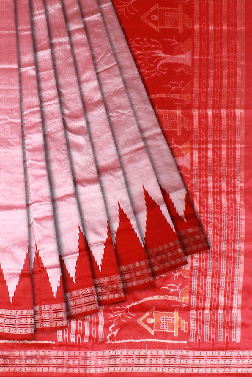 Sambalpuri Original Silk Saree in Light pink and Red color Kumbha design in the Border with blouse piece. - Koshali Arts & Crafts Enterprise