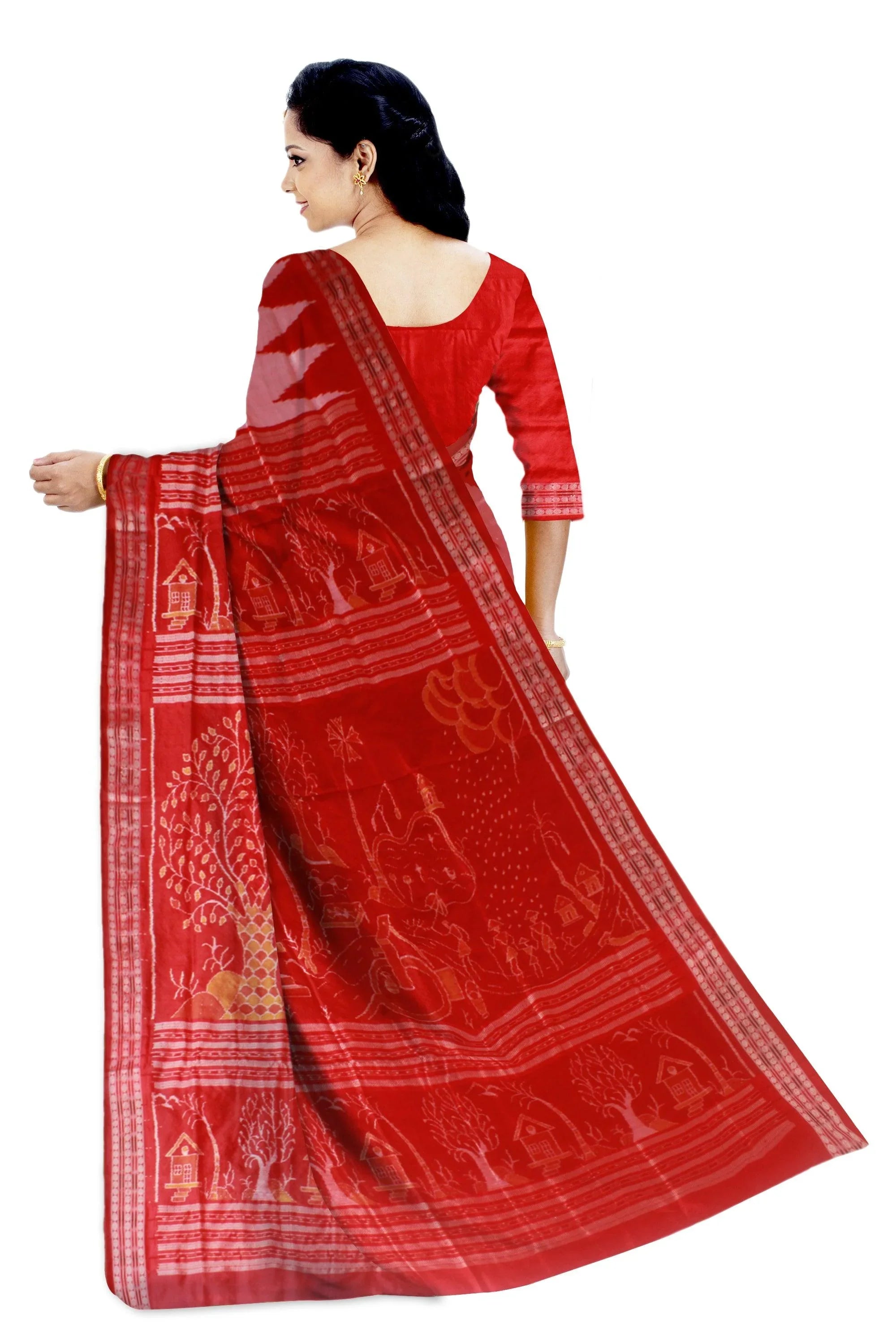Sambalpuri Original Silk Saree in Light pink and Red color Kumbha design in the Border with blouse piece. - Koshali Arts & Crafts Enterprise