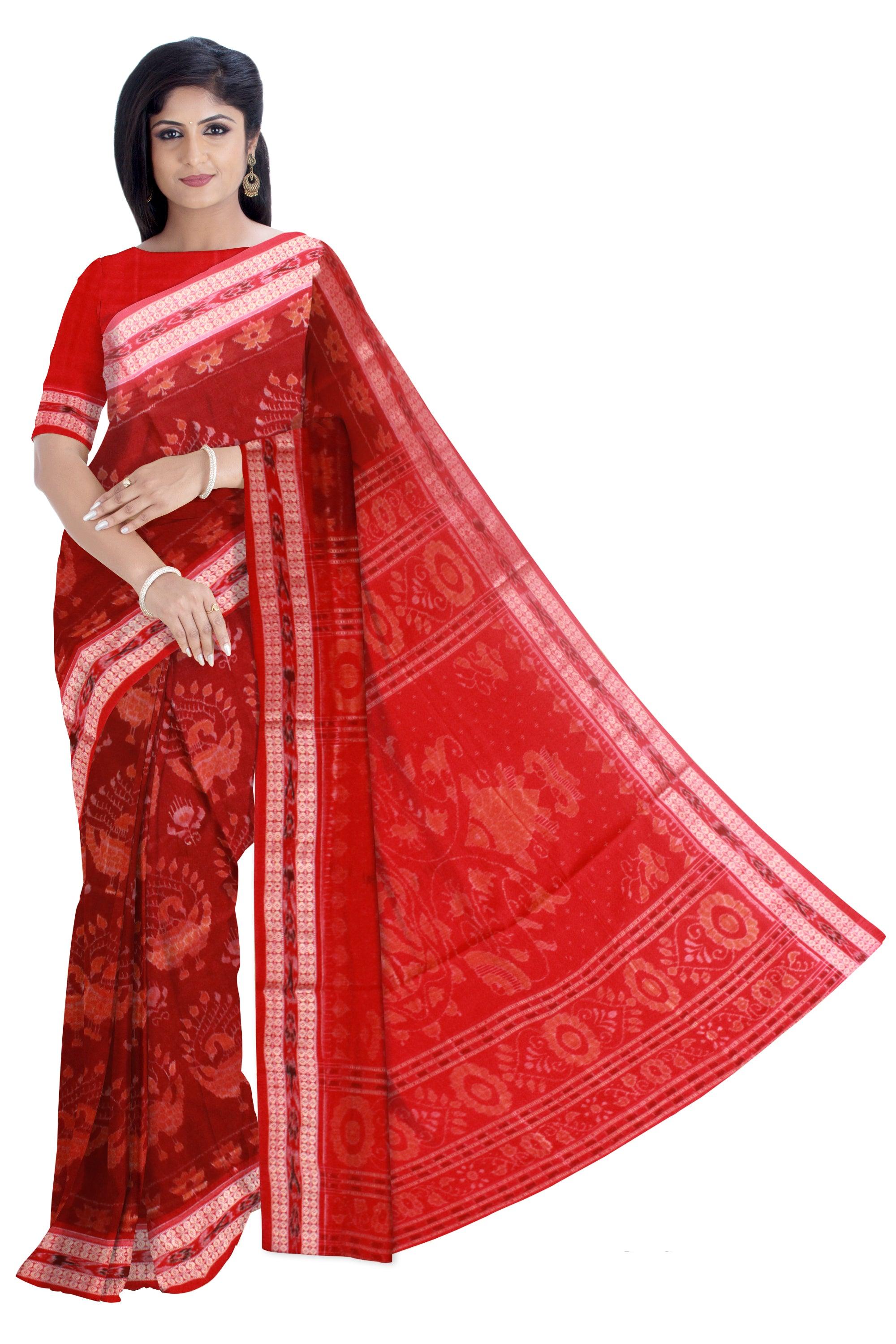 Maroon color Sambalpuri Cotton saree in Mayuri design with blouse piece. - Koshali Arts & Crafts Enterprise