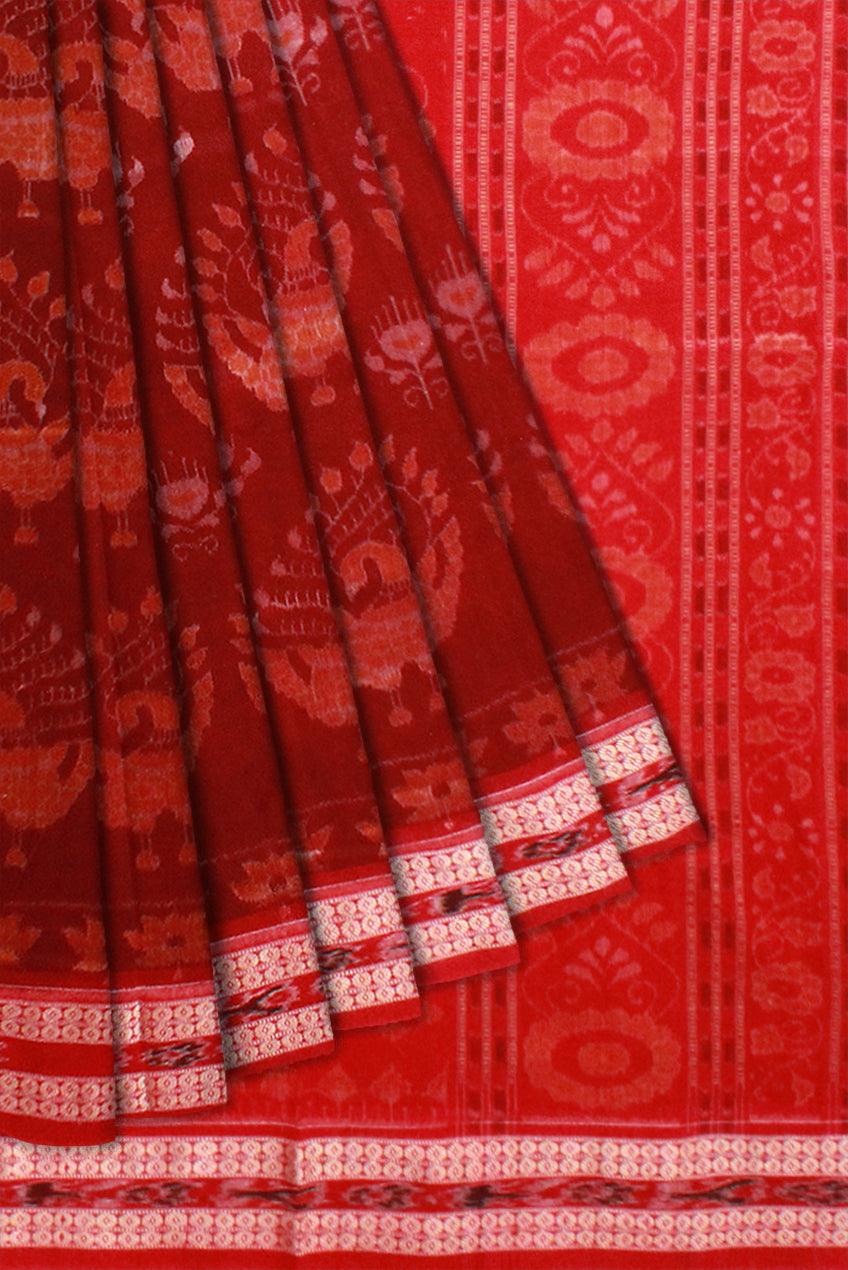 Maroon color Sambalpuri Cotton saree in Mayuri design with blouse piece. - Koshali Arts & Crafts Enterprise