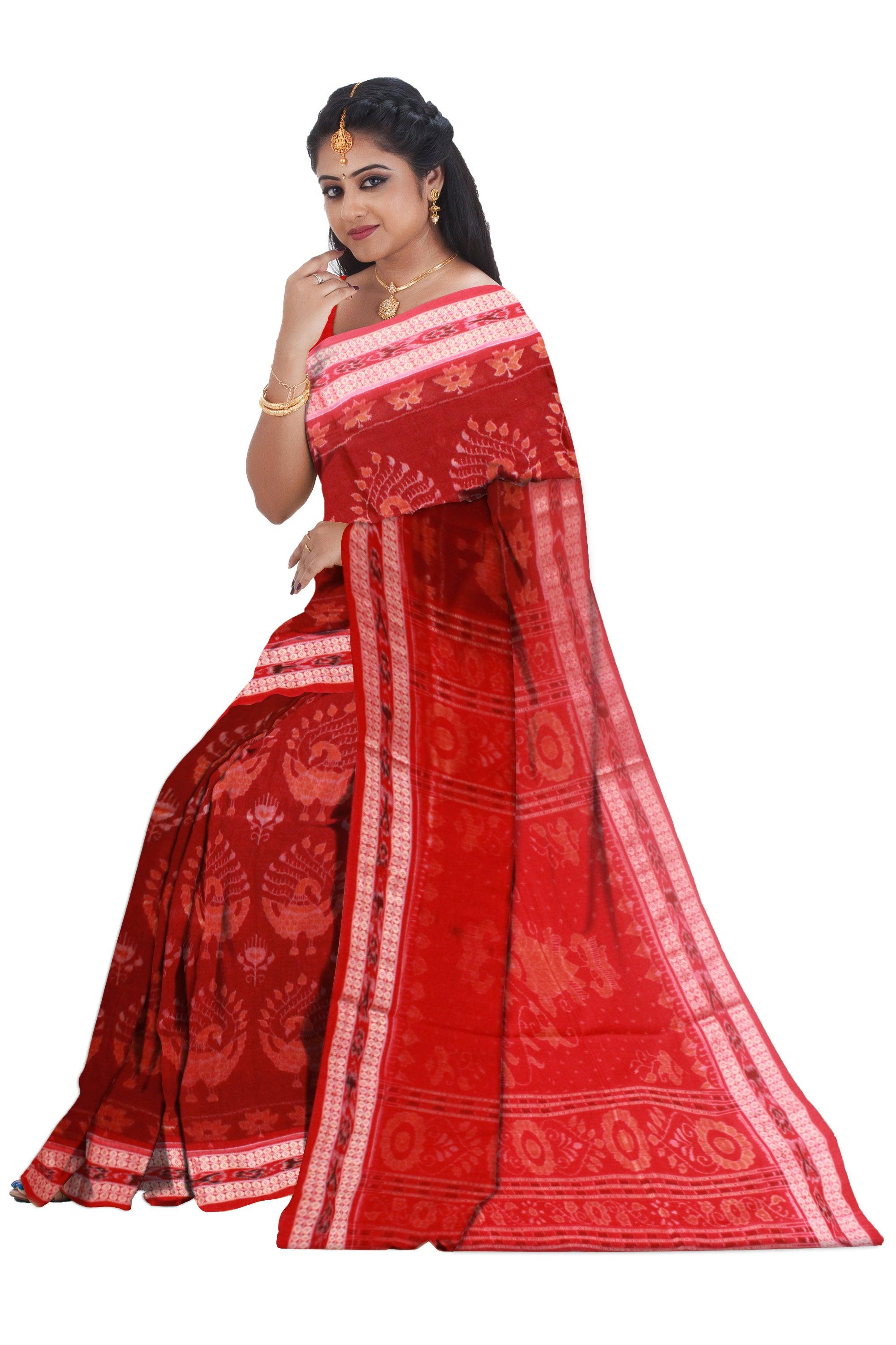 Maroon color Sambalpuri Cotton saree in Mayuri design with blouse piece. - Koshali Arts & Crafts Enterprise