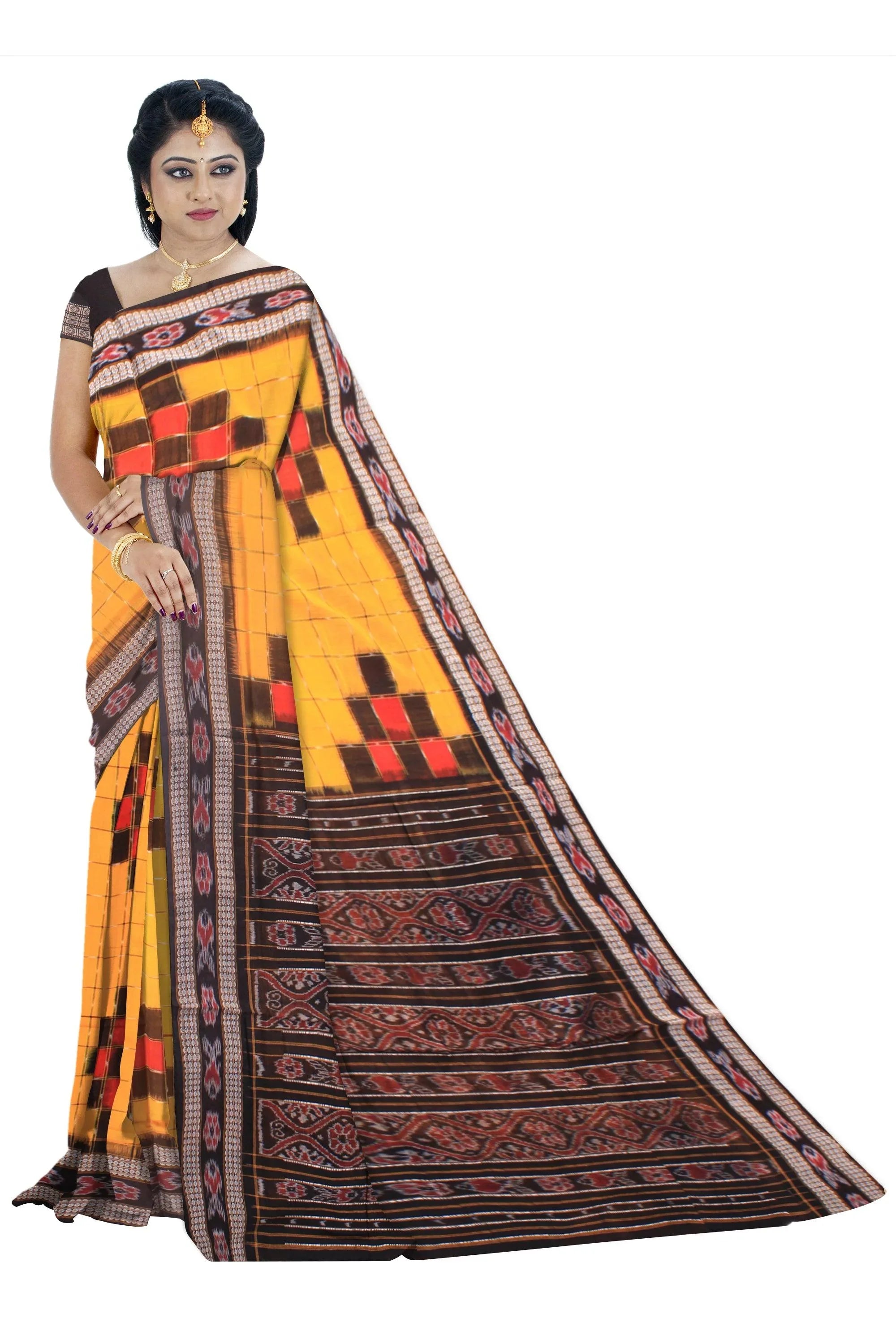 Samblpuri Sapta cotton saree in Yellow and Black colour border with blouse piece. - Koshali Arts & Crafts Enterprise
