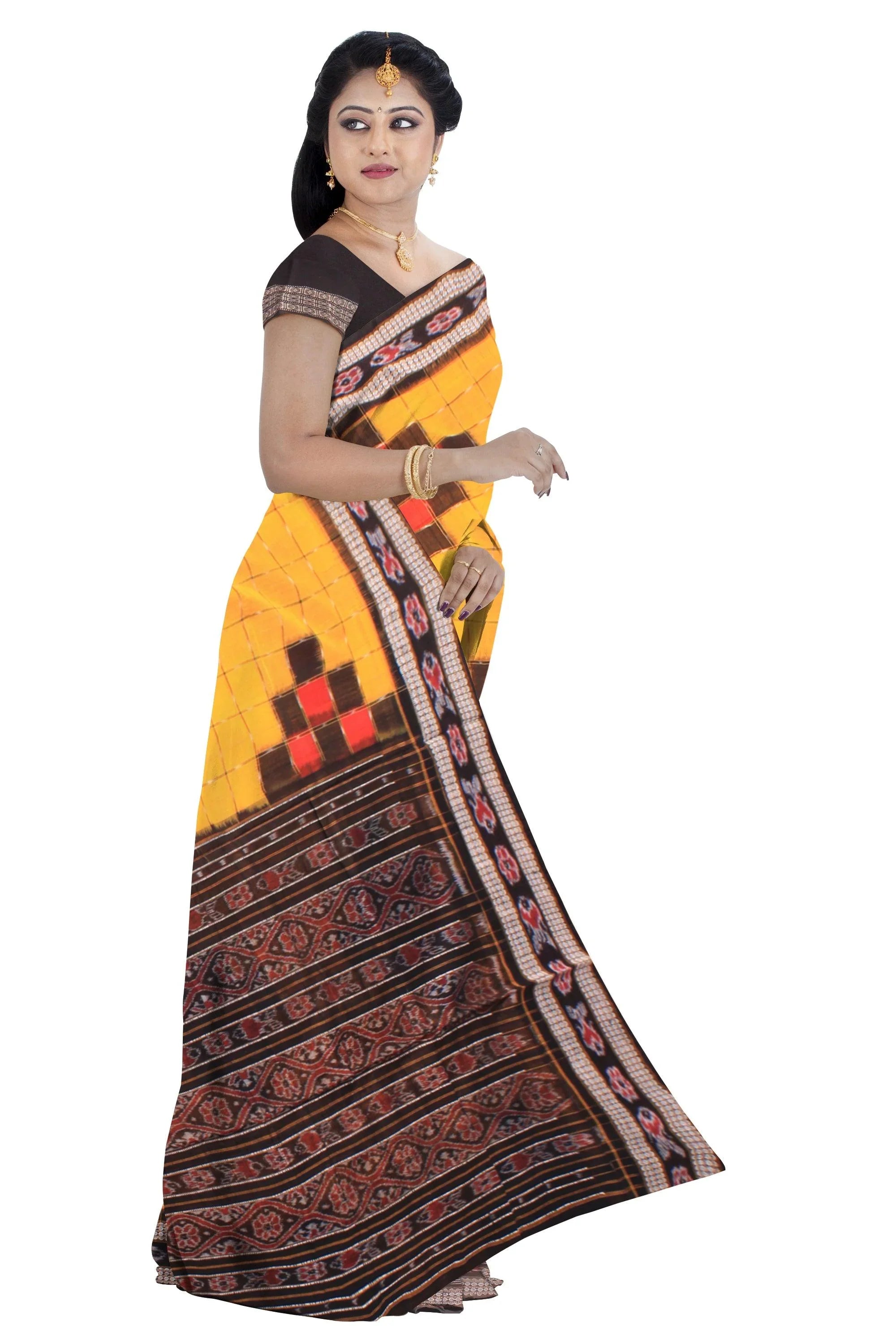 Samblpuri Sapta cotton saree in Yellow and Black colour border with blouse piece. - Koshali Arts & Crafts Enterprise