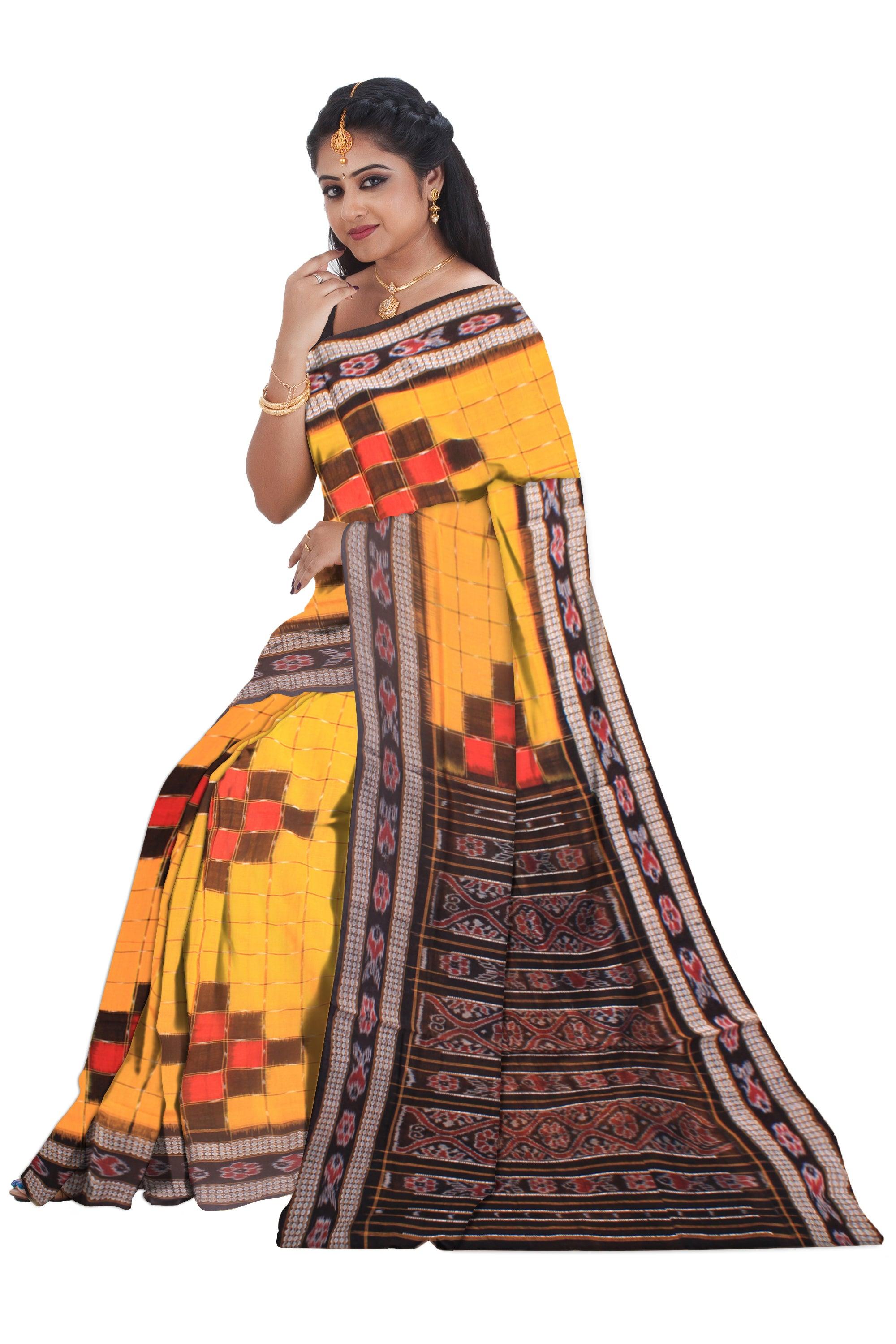 Samblpuri Sapta cotton saree in Yellow and Black colour border with blouse piece. - Koshali Arts & Crafts Enterprise