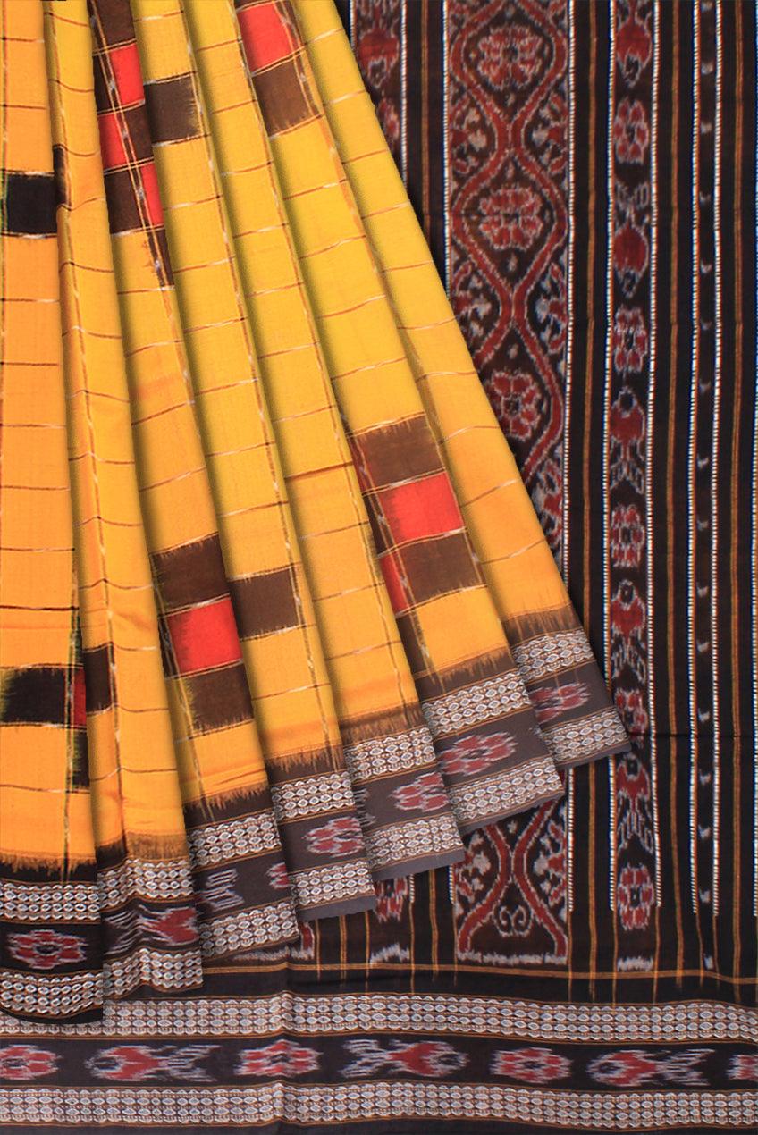 Samblpuri Sapta cotton saree in Yellow and Black colour border with blouse piece. - Koshali Arts & Crafts Enterprise