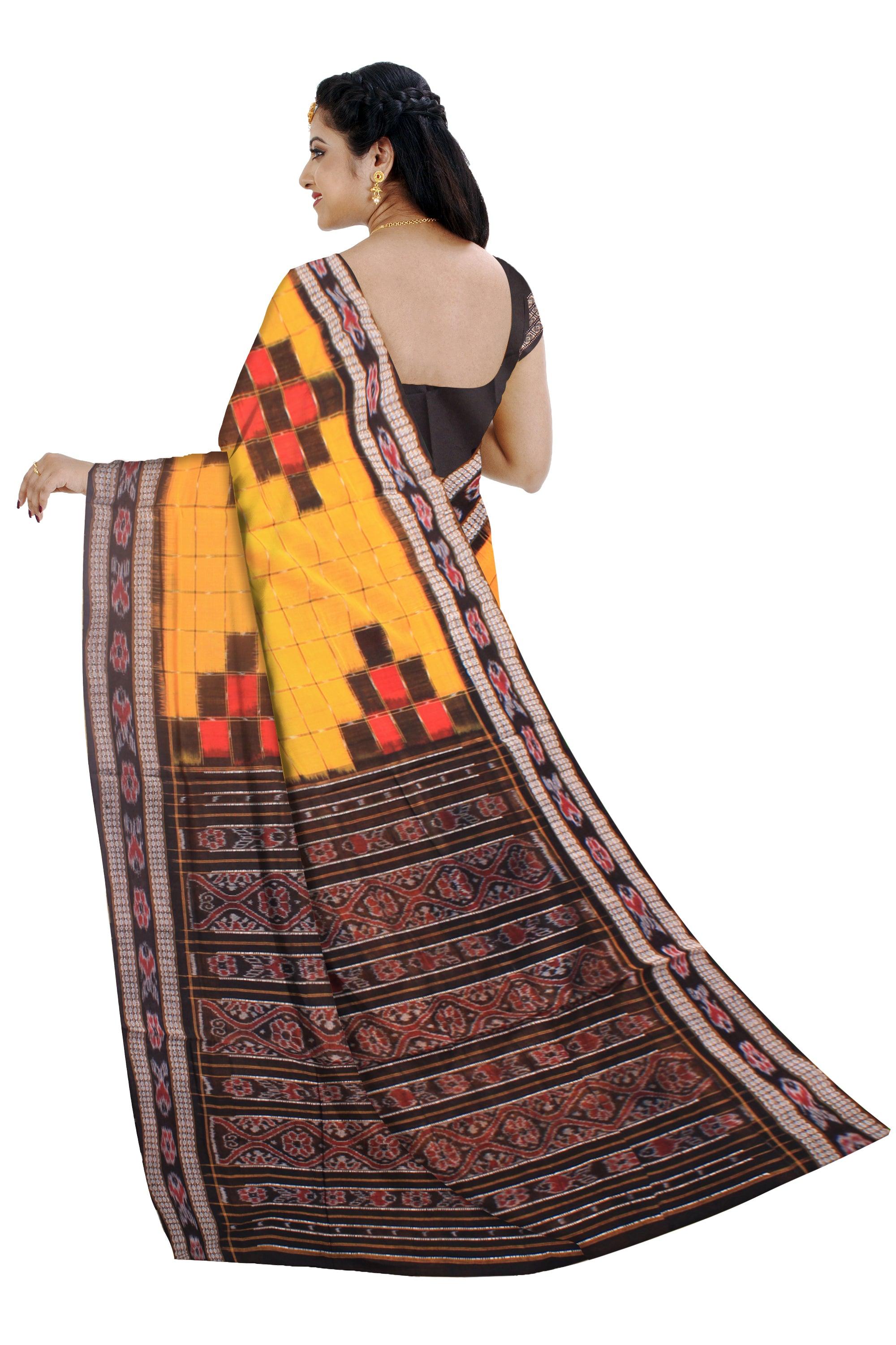 Samblpuri Sapta cotton saree in Yellow and Black colour border with blouse piece. - Koshali Arts & Crafts Enterprise