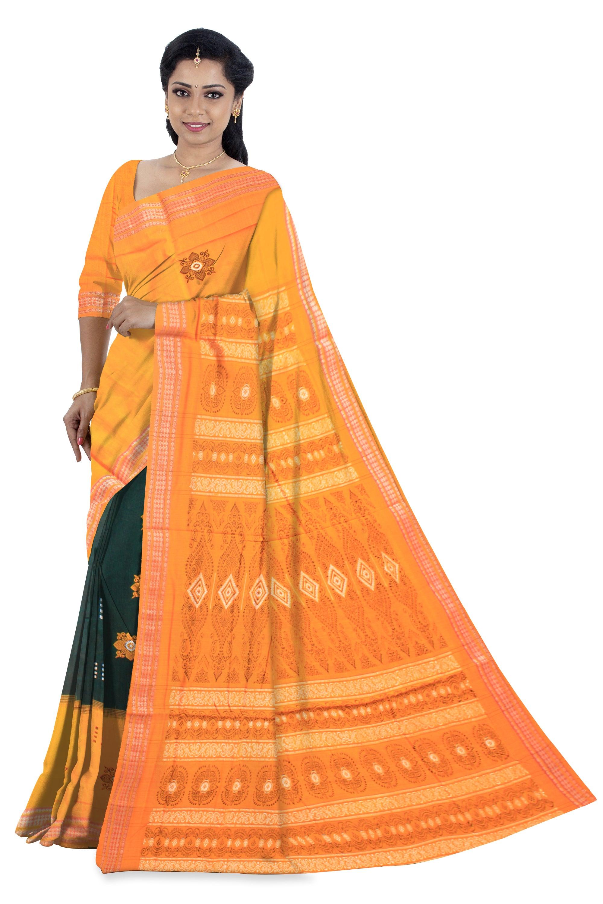 Lattest design Yellow and Dark Green color Sambalpuri  plain Cotton saree with blouse piece. - Koshali Arts & Crafts Enterprise