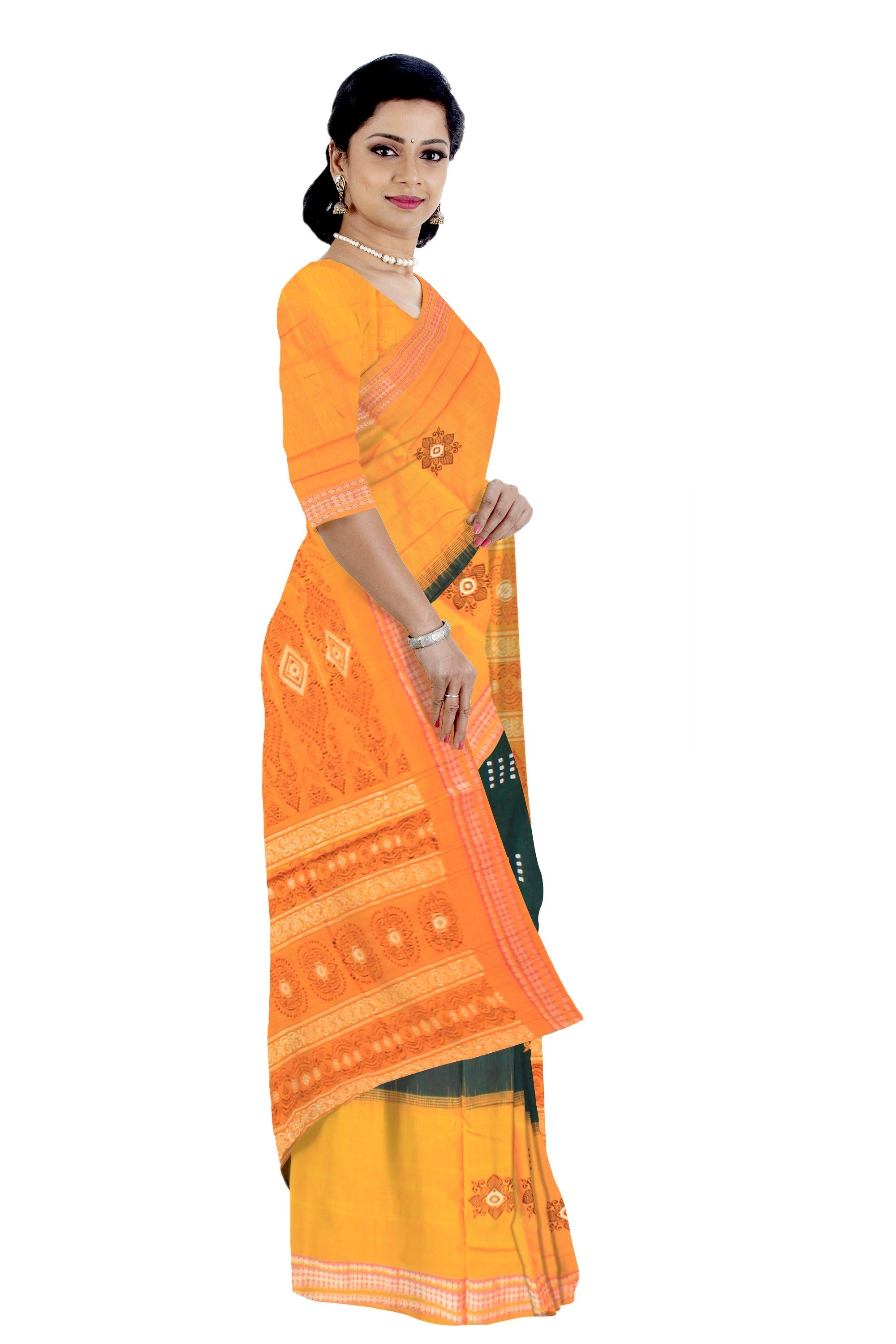 Lattest design Yellow and Dark Green color Sambalpuri  plain Cotton saree with blouse piece. - Koshali Arts & Crafts Enterprise