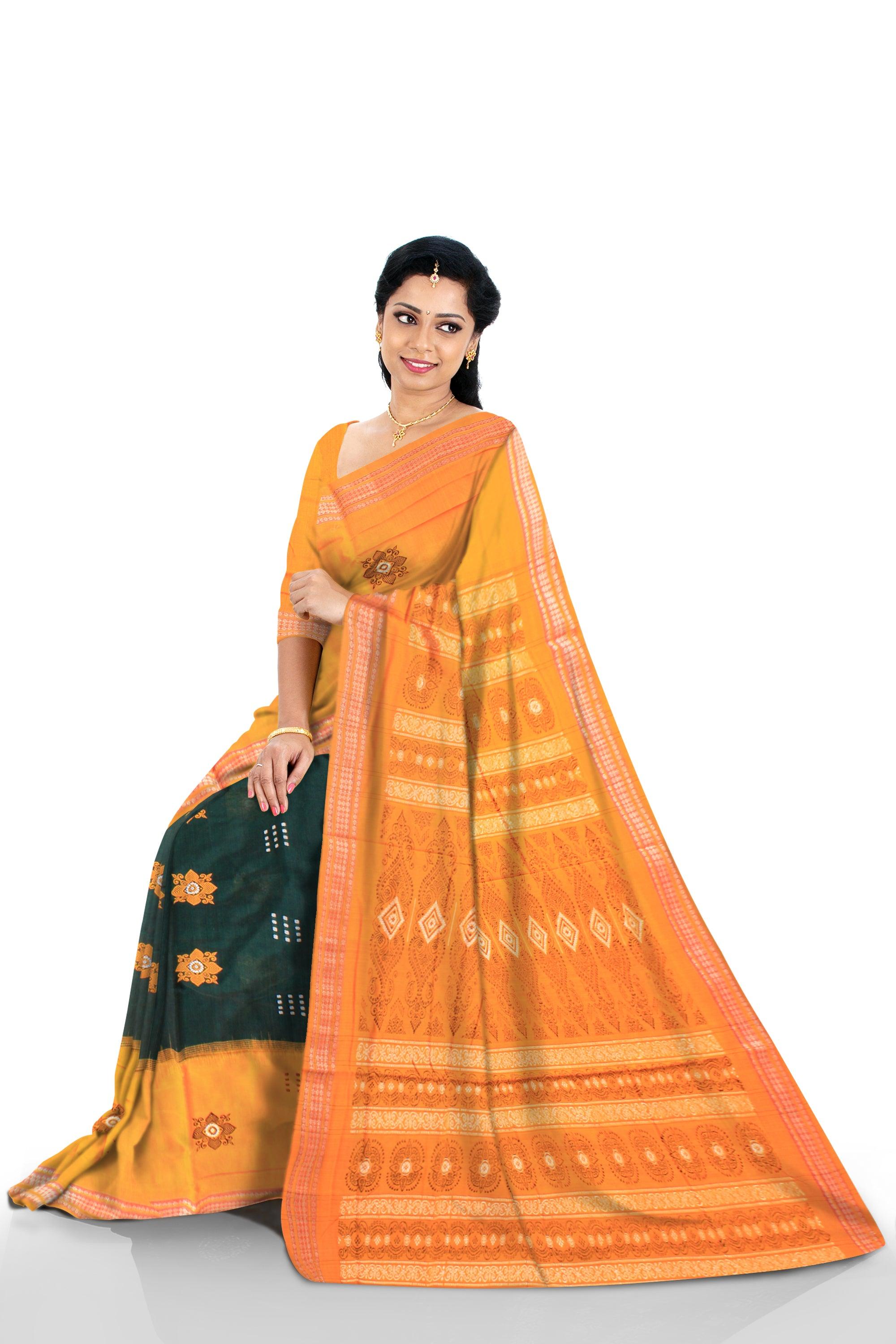 Lattest design Yellow and Dark Green color Sambalpuri plain Cotton saree with blouse piece. - Koshali Arts & Crafts Enterprise
