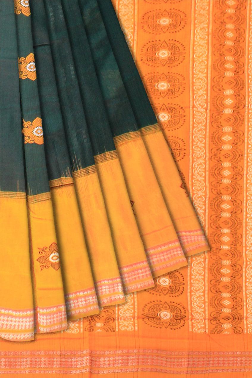 Lattest design Yellow and Dark Green color Sambalpuri plain Cotton saree with blouse piece. - Koshali Arts & Crafts Enterprise