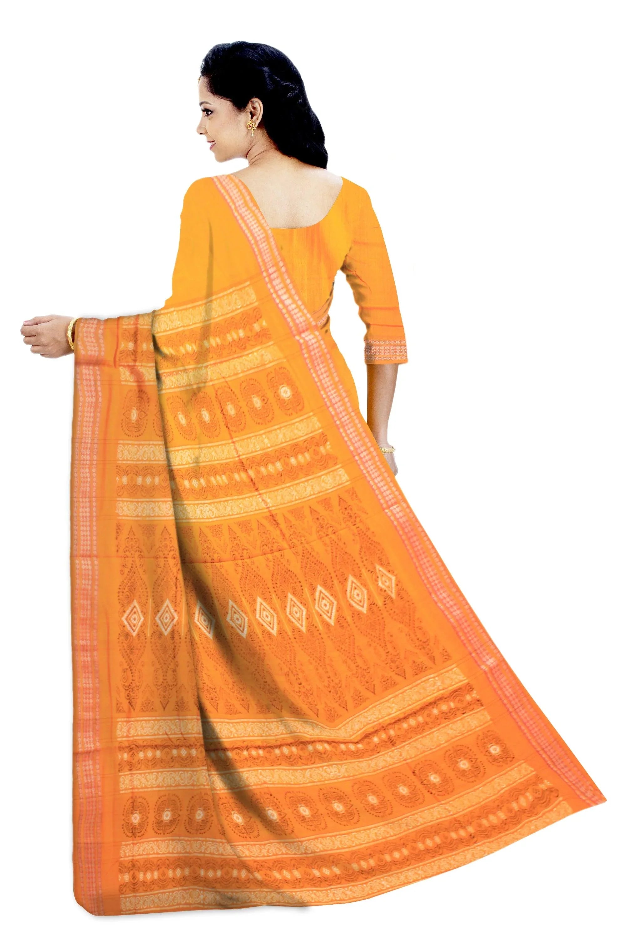 Lattest design Yellow and Dark Green color Sambalpuri plain Cotton saree with blouse piece. - Koshali Arts & Crafts Enterprise