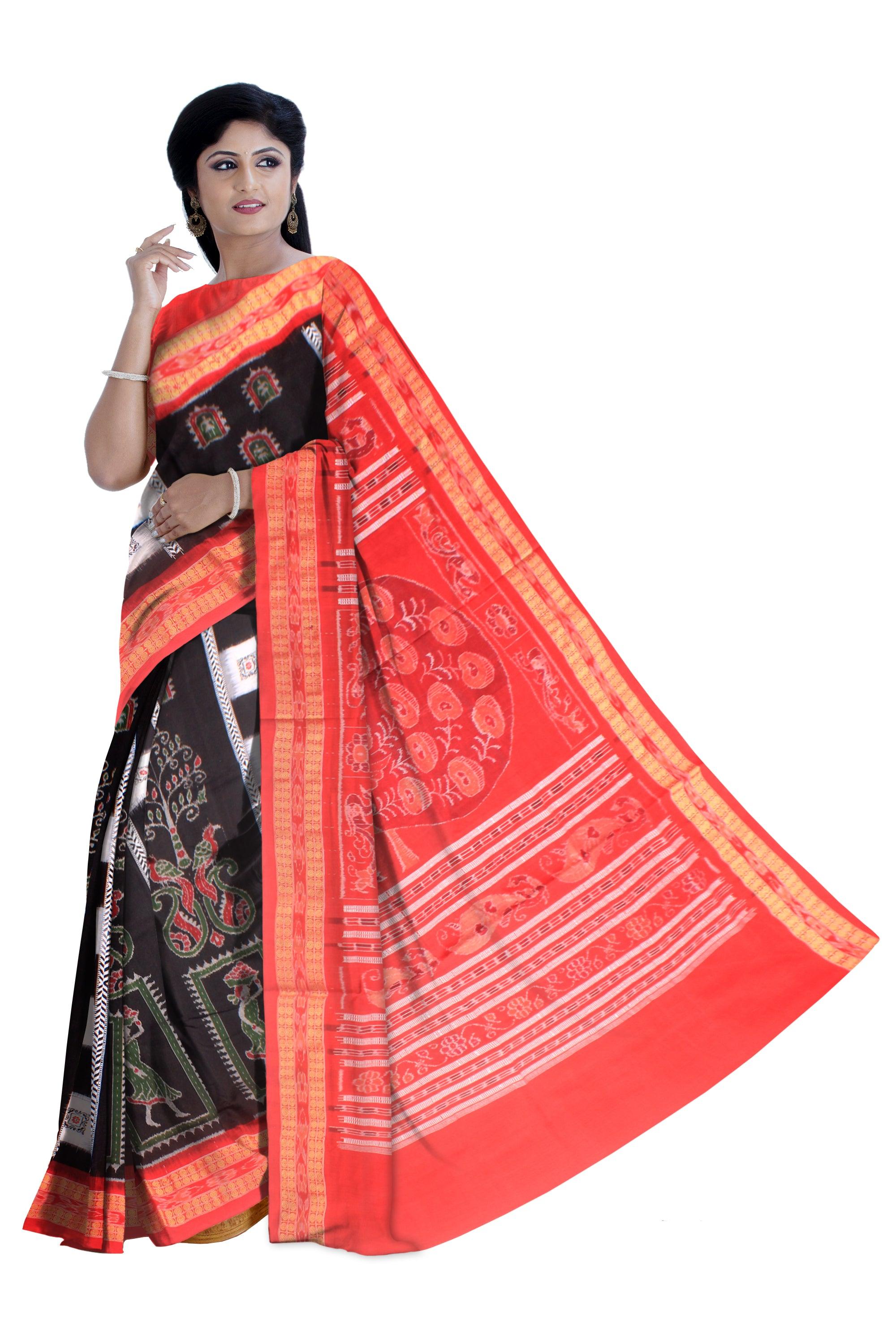 Terakota design  Sambalpuri cotton saree in Black colour  with blous piece. - Koshali Arts & Crafts Enterprise