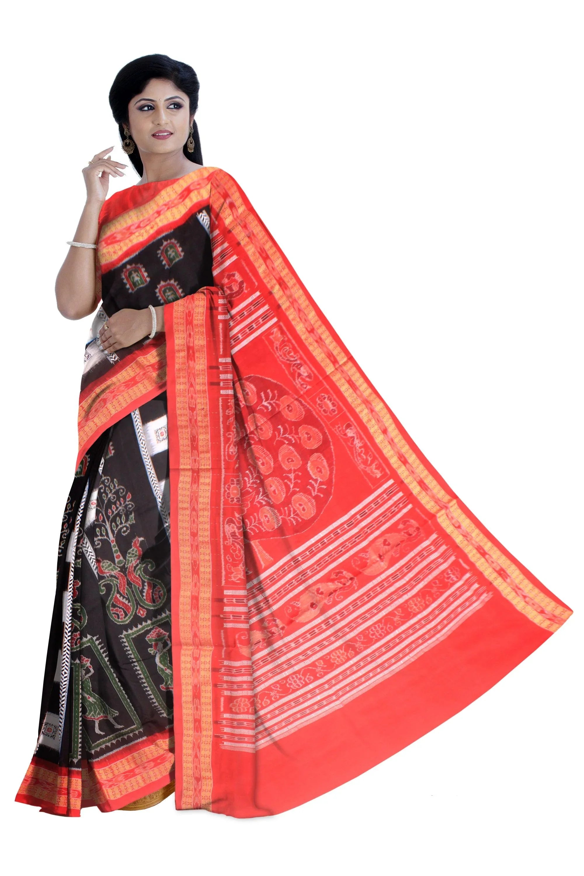 Terakota design Sambalpuri cotton saree in Black colour with blous piece. - Koshali Arts & Crafts Enterprise