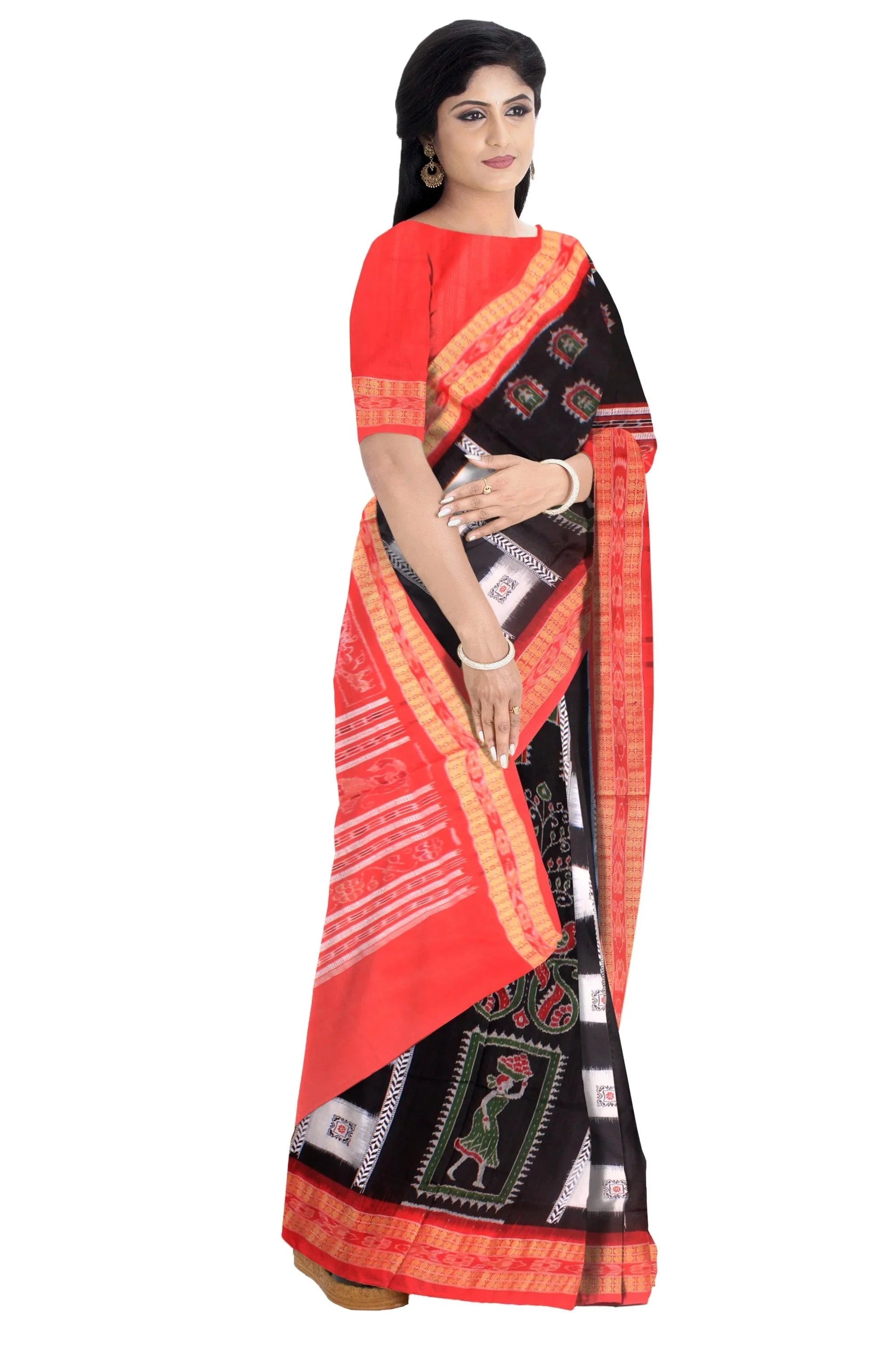 Terakota design Sambalpuri cotton saree in Black colour with blous piece. - Koshali Arts & Crafts Enterprise
