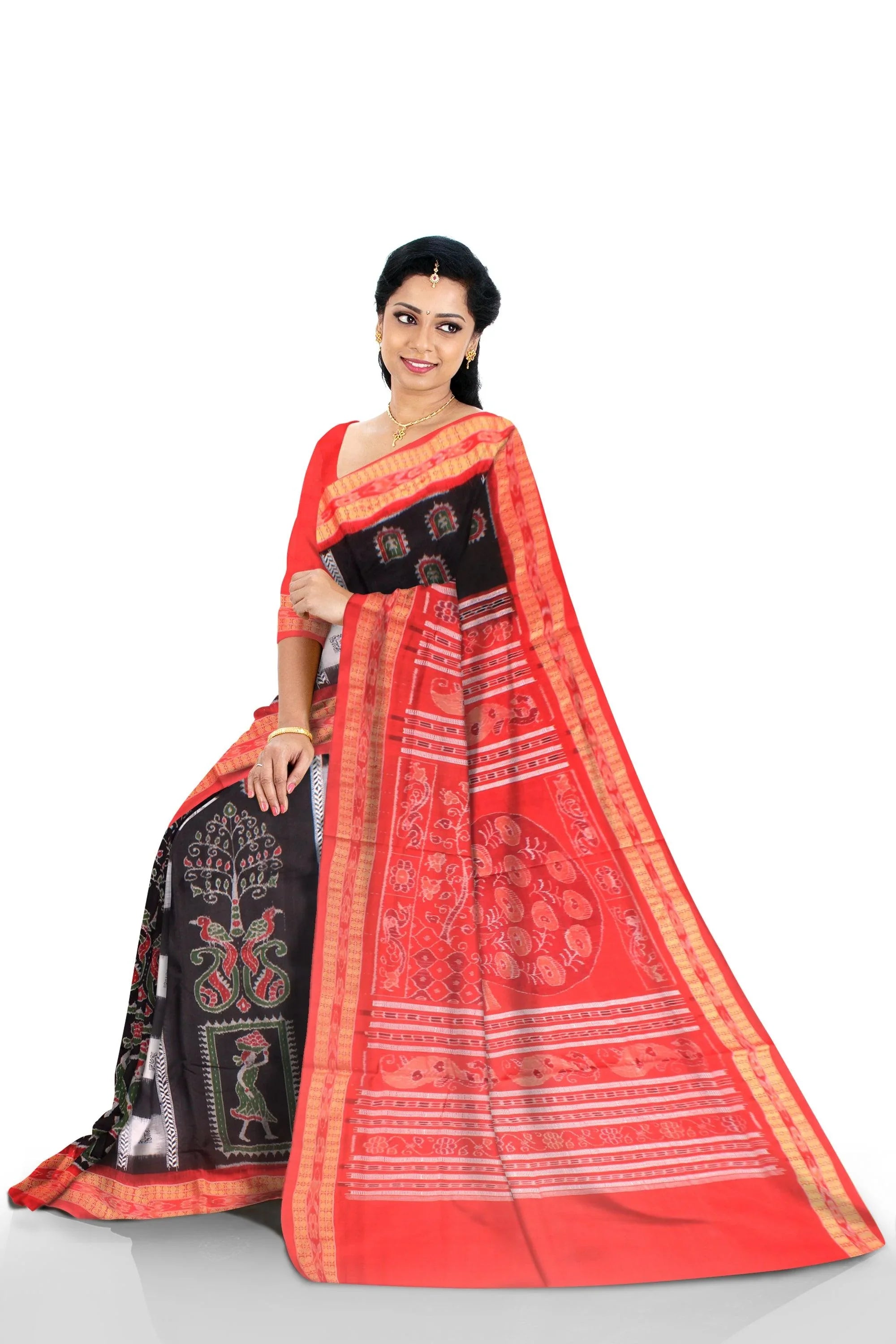 Terakota design Sambalpuri cotton saree in Black colour with blous piece. - Koshali Arts & Crafts Enterprise