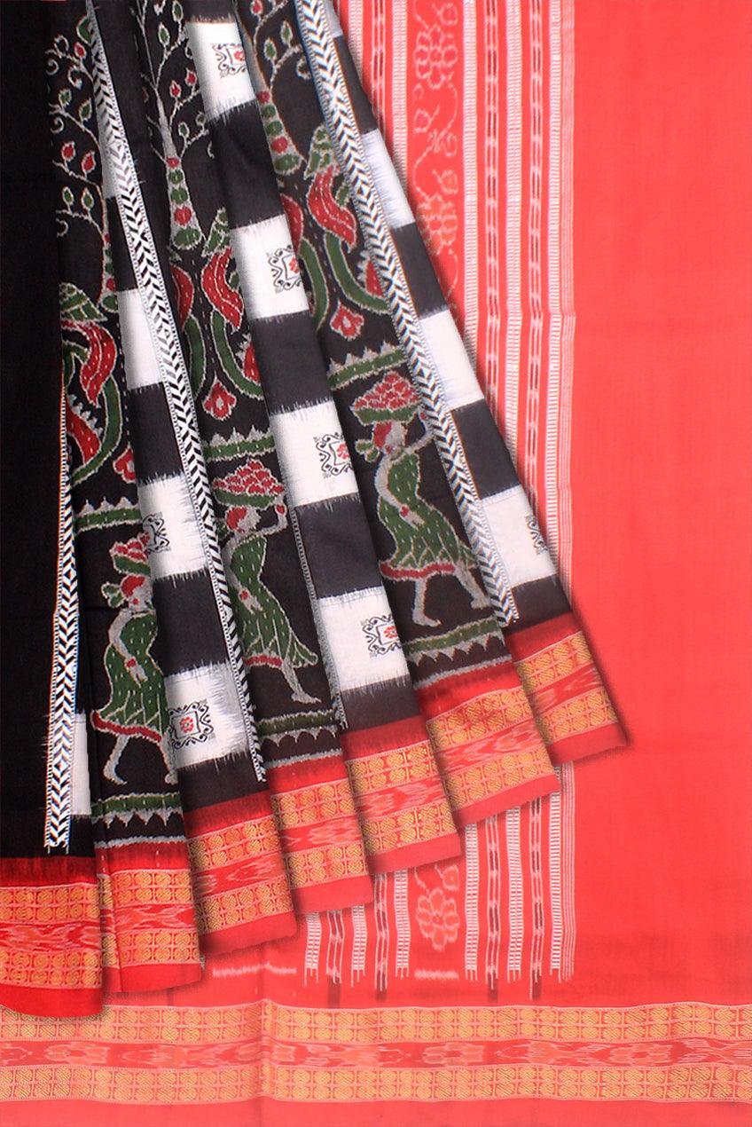Terakota design Sambalpuri cotton saree in Black colour with blous piece. - Koshali Arts & Crafts Enterprise