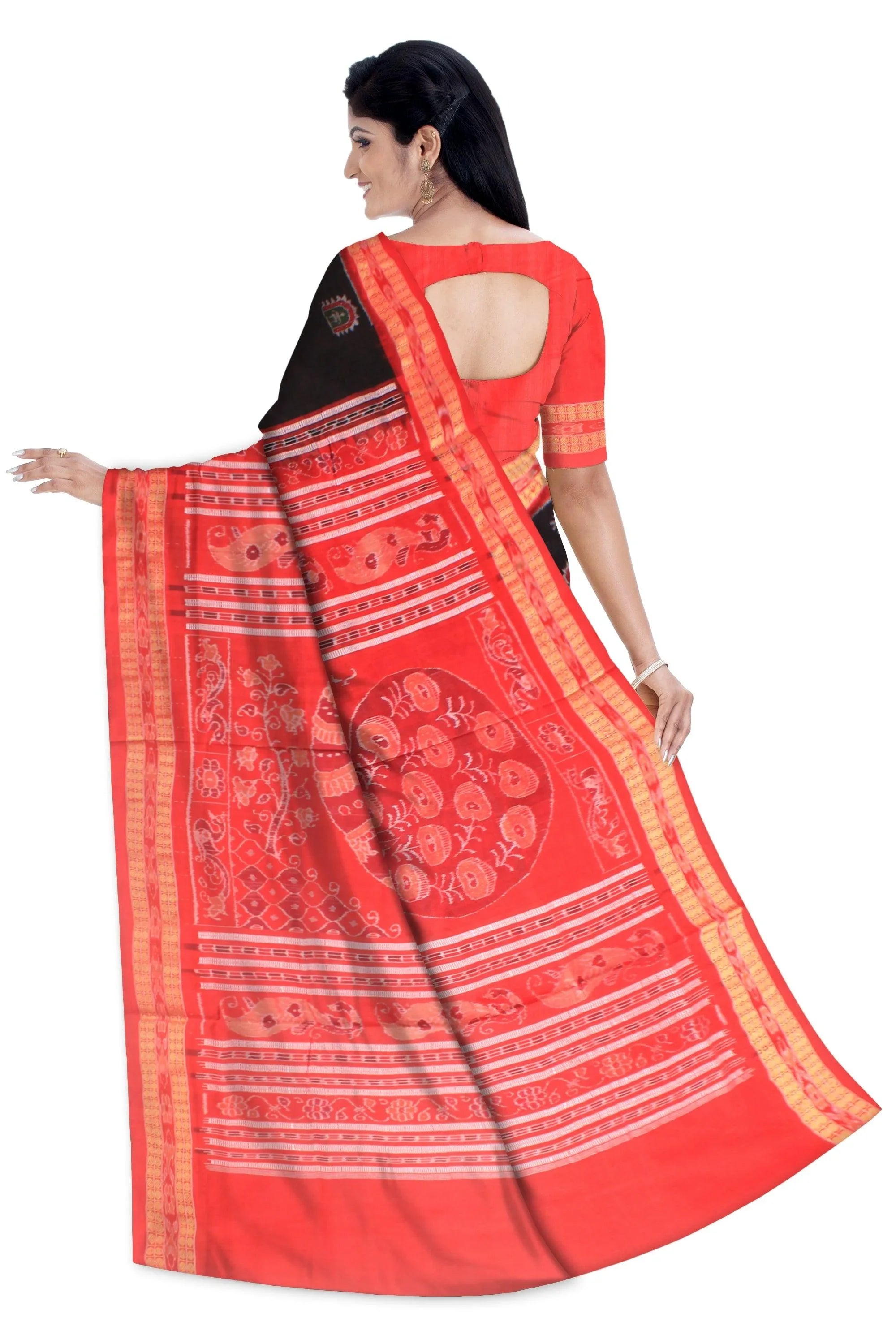 Terakota design Sambalpuri cotton saree in Black colour with blous piece. - Koshali Arts & Crafts Enterprise