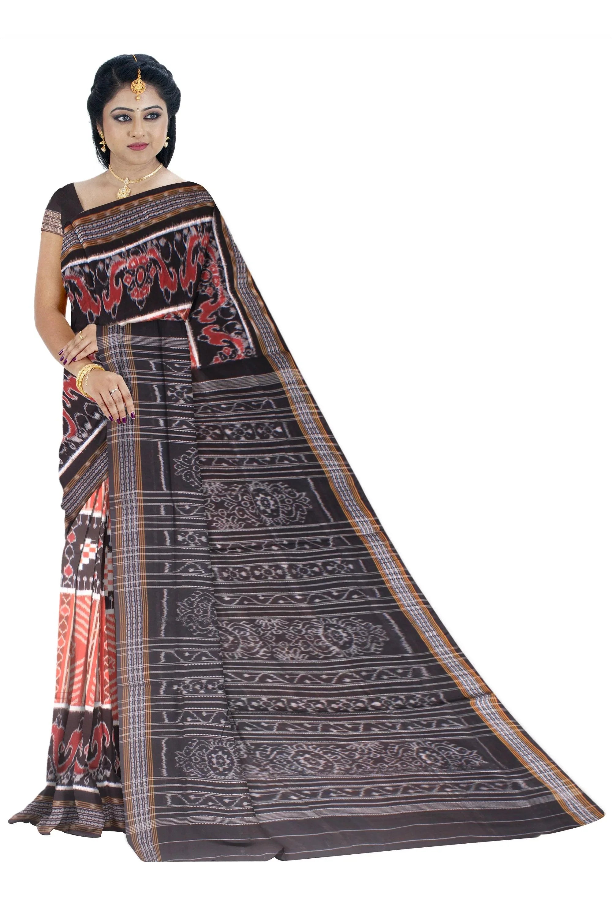 Body sapta design Black and Orange colour Sambalpuri cotton saree with blouse piece. - Koshali Arts & Crafts Enterprise
