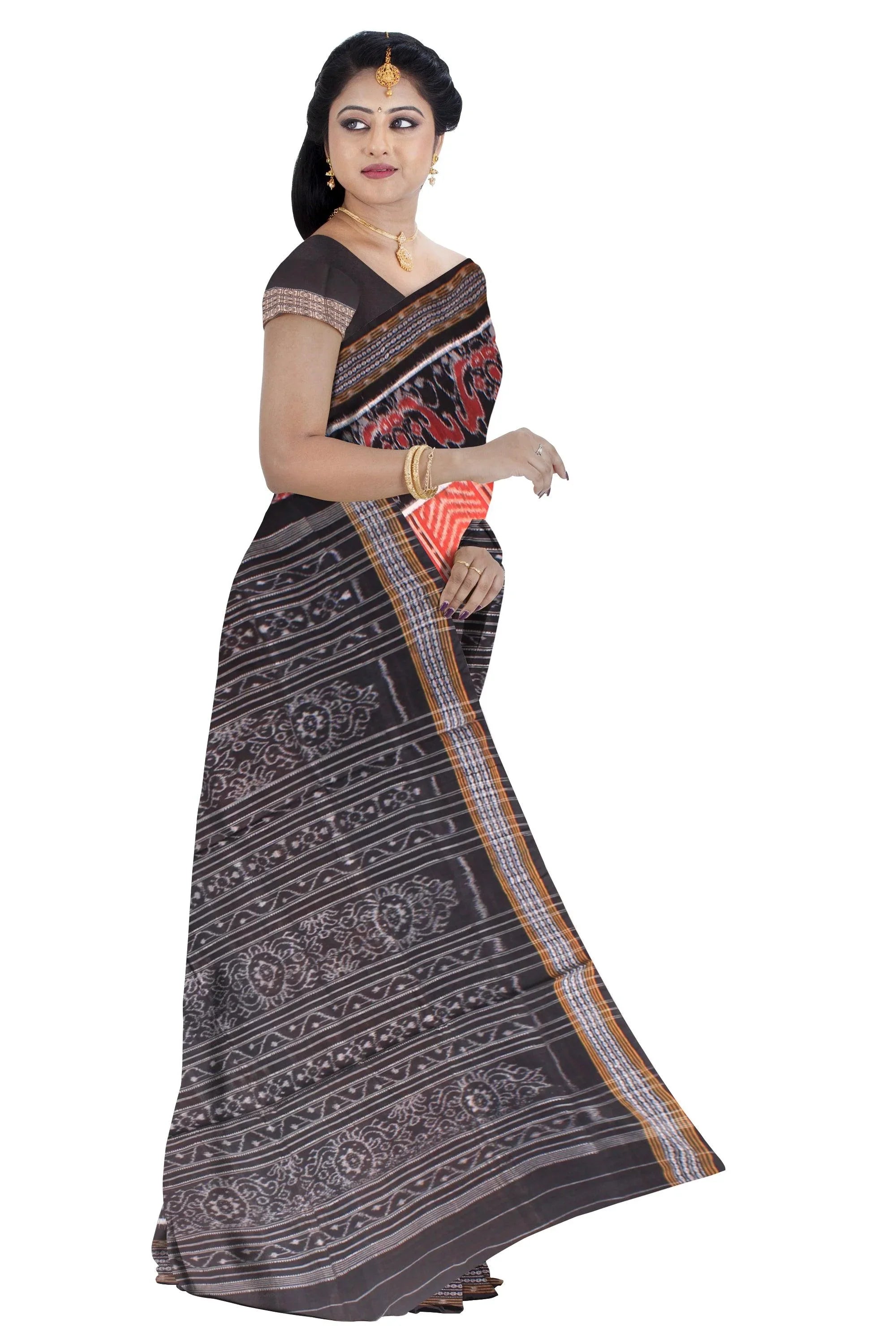 Body sapta design Black and Orange colour Sambalpuri cotton saree with blouse piece. - Koshali Arts & Crafts Enterprise