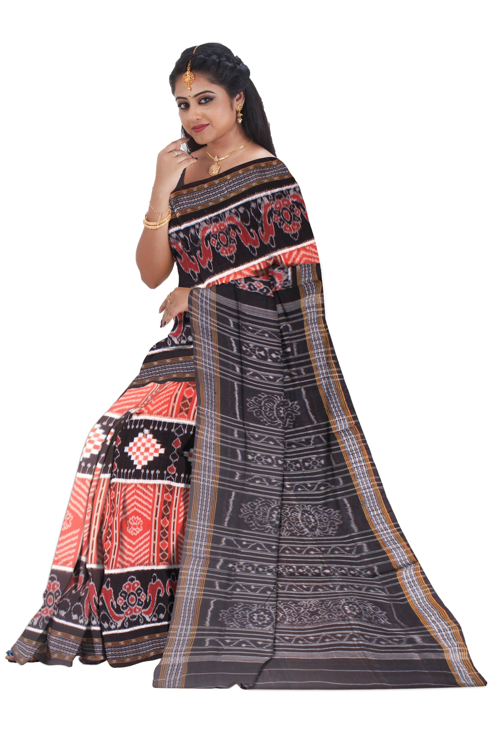 Body sapta design Black and Orange colour Sambalpuri cotton saree with blouse piece. - Koshali Arts & Crafts Enterprise