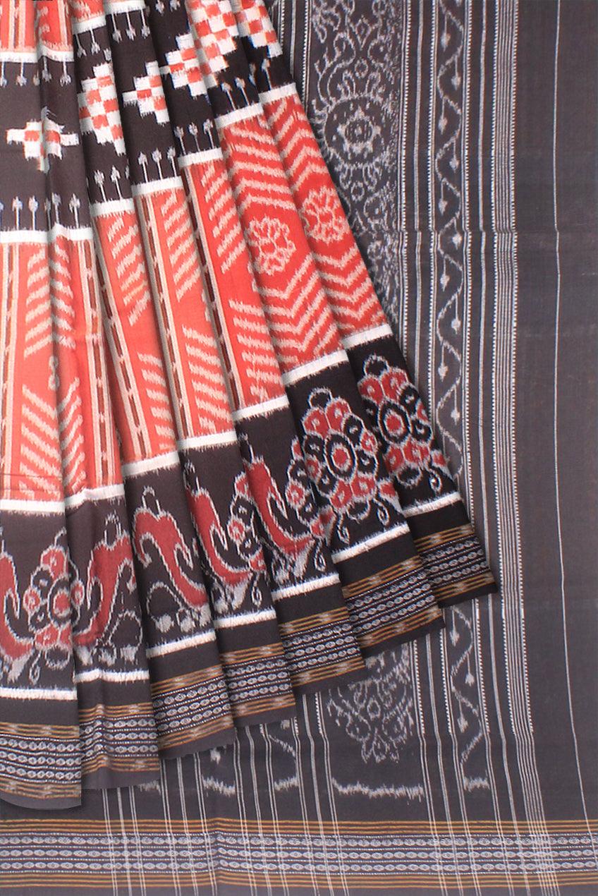 Body sapta design Black and Orange colour Sambalpuri cotton saree with blouse piece. - Koshali Arts & Crafts Enterprise