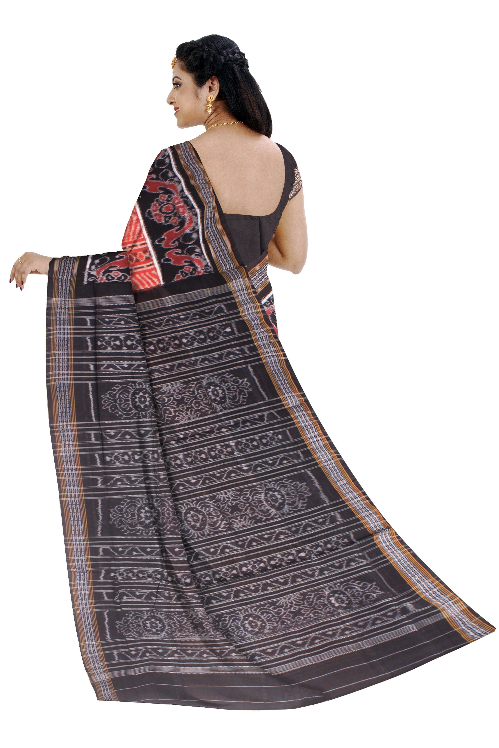 Body sapta design Black and Orange colour Sambalpuri cotton saree with blouse piece. - Koshali Arts & Crafts Enterprise