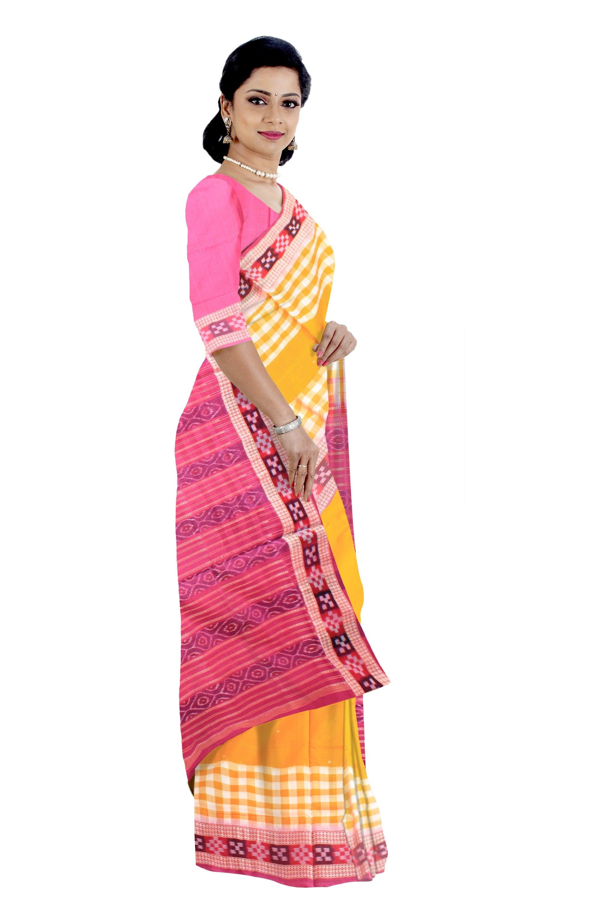 Sambalpuri dhadi sapta cotton saree in yellow and pink color,with available blouse piece. - Koshali Arts & Crafts Enterprise
