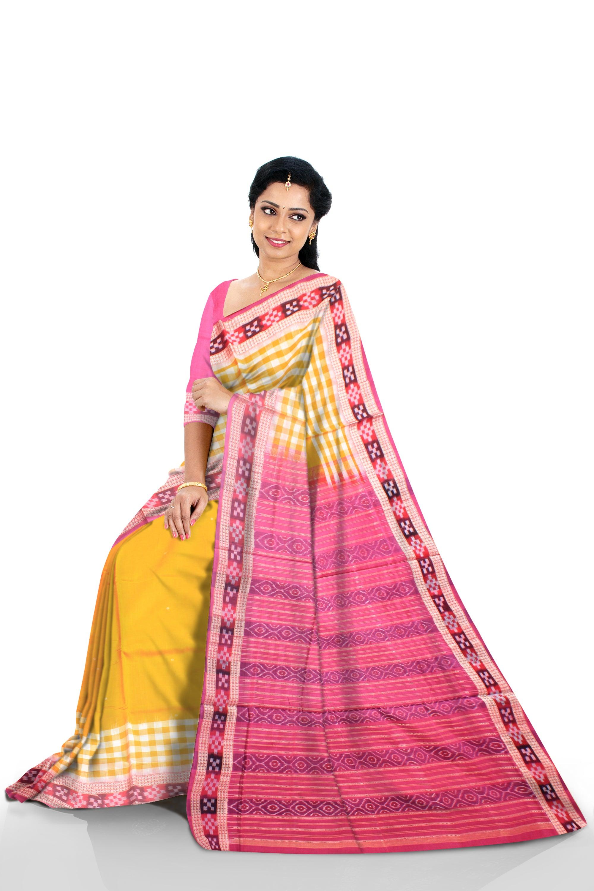 Sambalpuri dhadi sapta cotton saree in yellow and pink color,with available blouse piece. - Koshali Arts & Crafts Enterprise