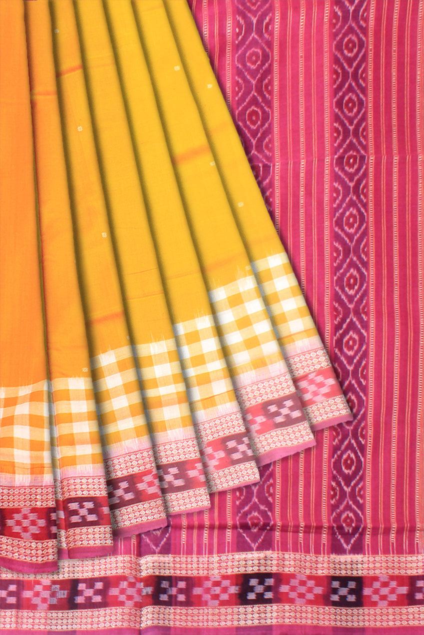 Sambalpuri dhadi sapta cotton saree in yellow and pink color,with available blouse piece. - Koshali Arts & Crafts Enterprise