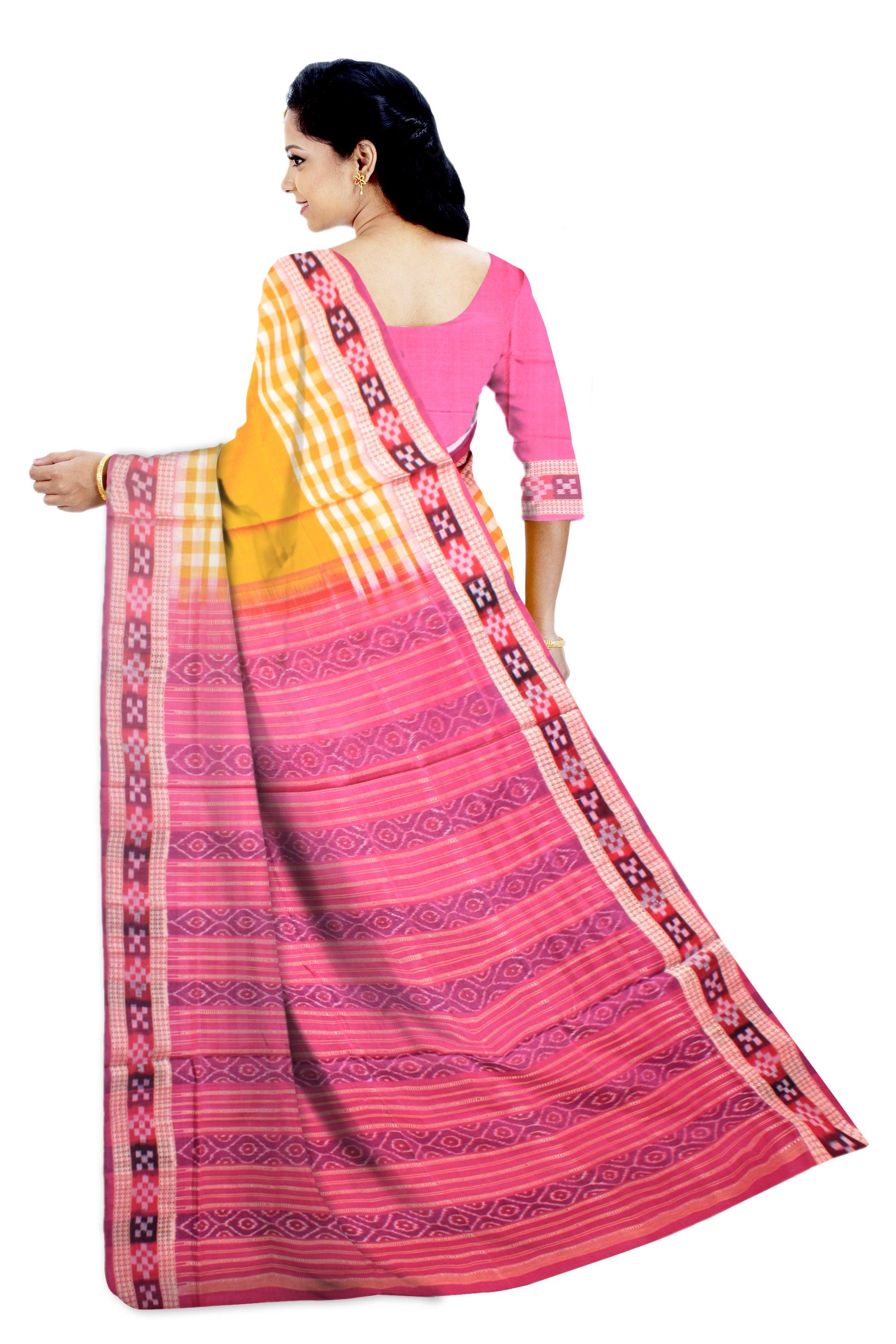 Sambalpuri dhadi sapta cotton saree in yellow and pink color,with available blouse piece. - Koshali Arts & Crafts Enterprise