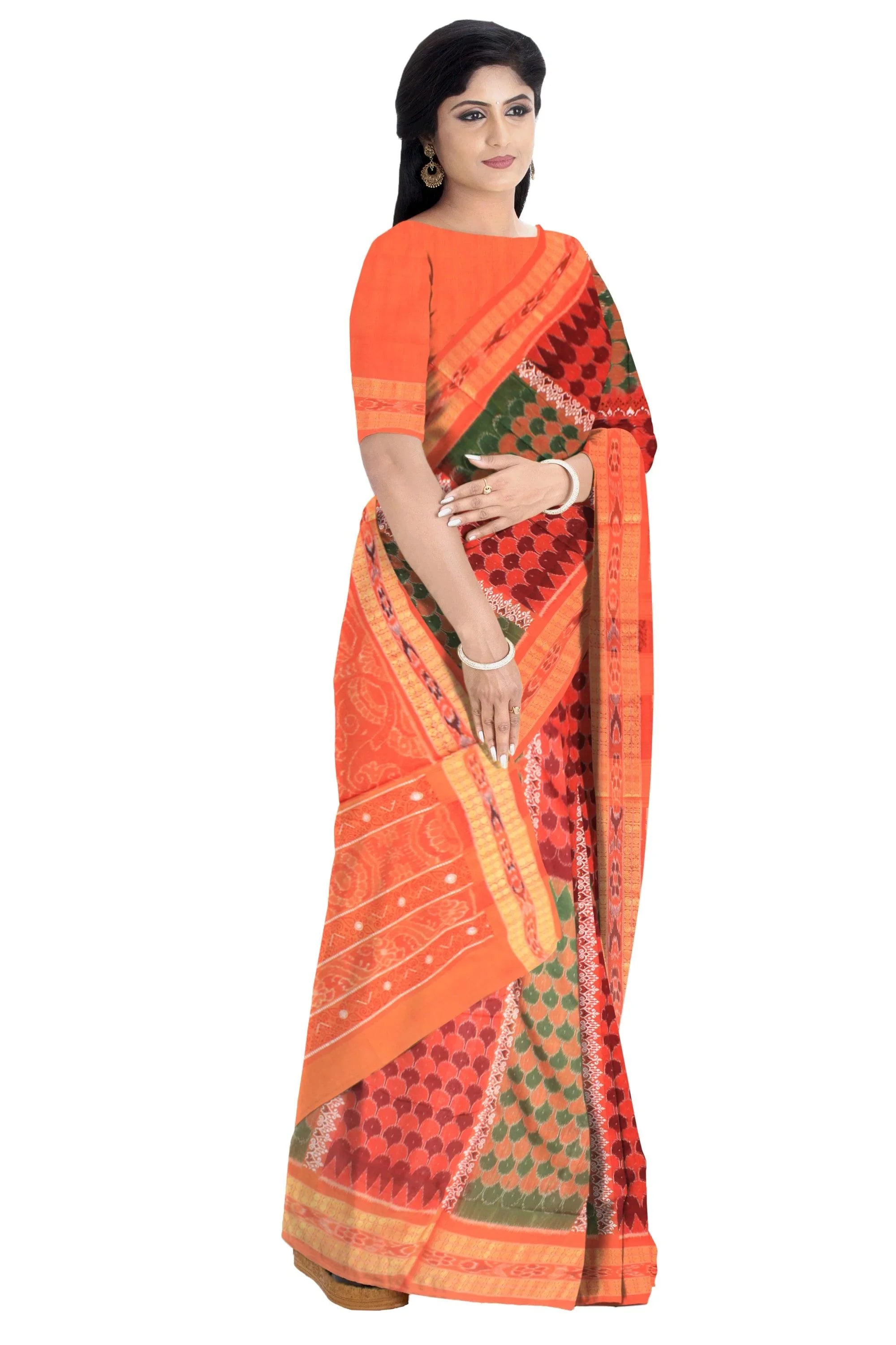 A Sambalpuri cotton Saree in Orange color body leaf design and ikat Border with blouse piece. - Koshali Arts & Crafts Enterprise