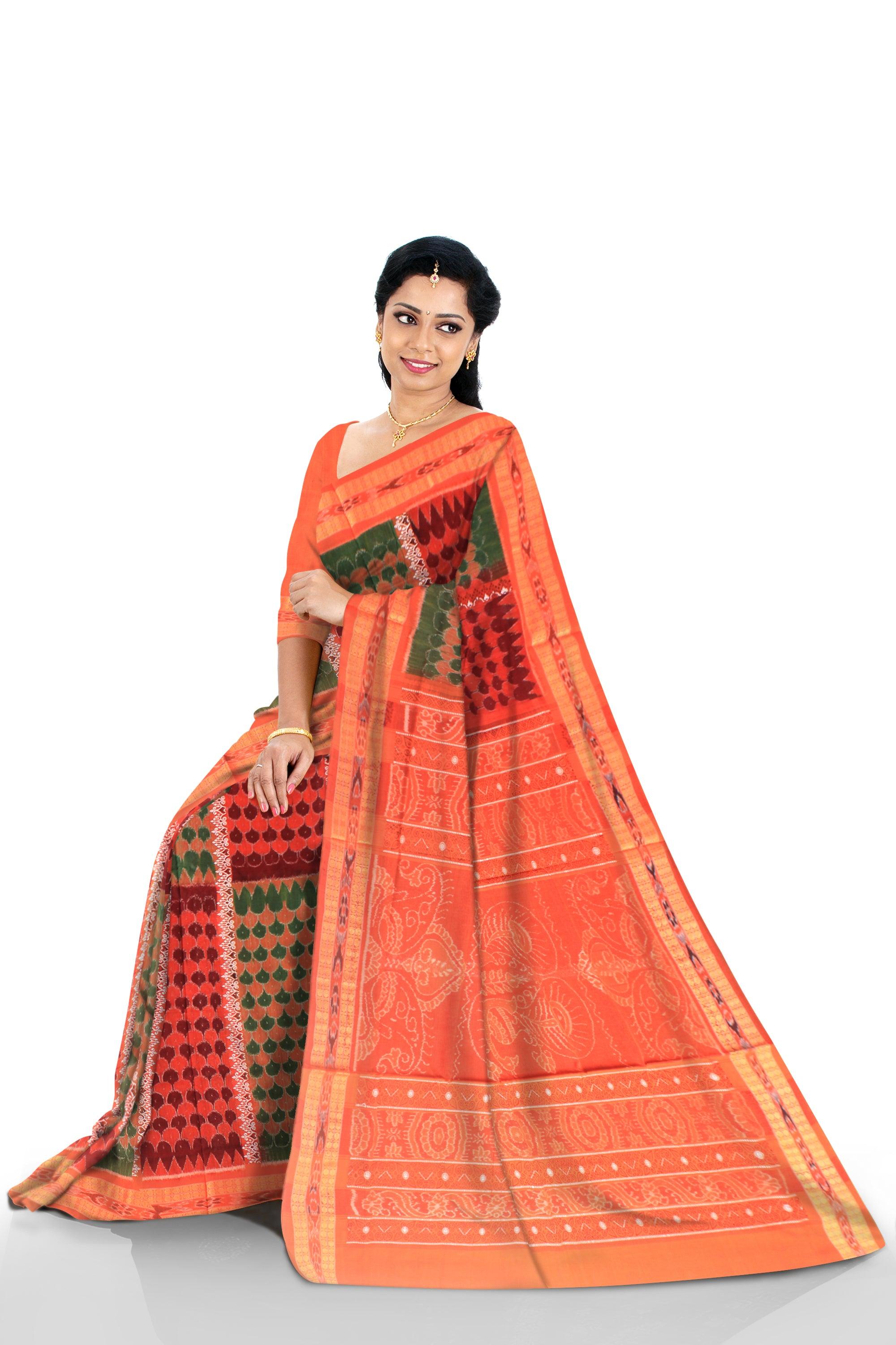 A Sambalpuri cotton Saree in Orange color body leaf design and ikat Border with blouse piece. - Koshali Arts & Crafts Enterprise