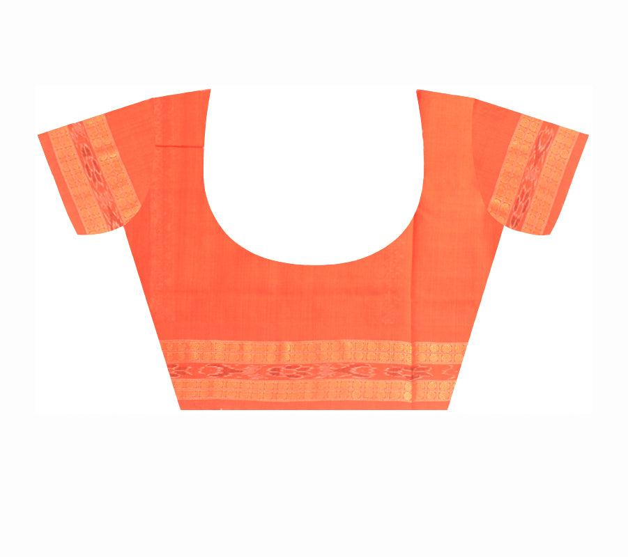A Sambalpuri cotton Saree in Orange color body leaf design and ikat Border with blouse piece. - Koshali Arts & Crafts Enterprise