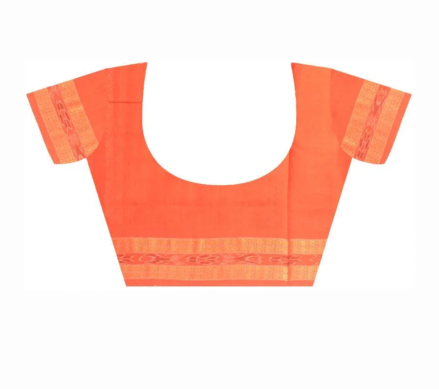 A Sambalpuri cotton Saree in Orange color body leaf design and ikat Border with blouse piece. - Koshali Arts & Crafts Enterprise